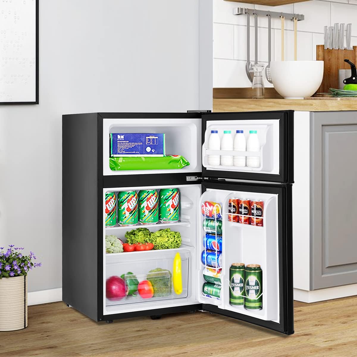 RELAX4LIFE Minikühlschrank 90L, Kühlschrank mit 27L Gefrierfach, Gefrierschrank mit Temperaturregelung, Kühl-Gefrier-Kombination mit Türablage & Höhenverstellbaren Füßen (Black)
