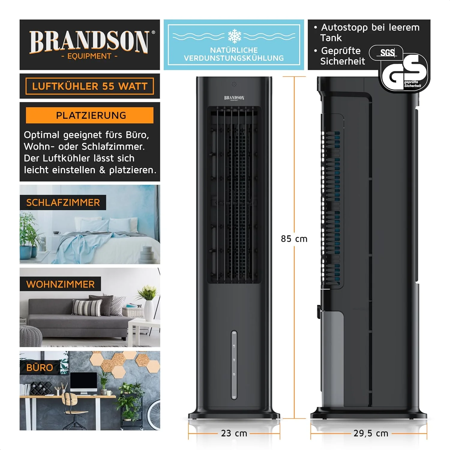 Brandson - Luchtkoeler met waterkoeling 5-in-1 - Verdampingskoeler, luchtbevochtiger, ventilator & luchtreiniger, mobiele airconditioning zonder afvoerslang - Prijswinnaar 2025 - stil - 5L watertank