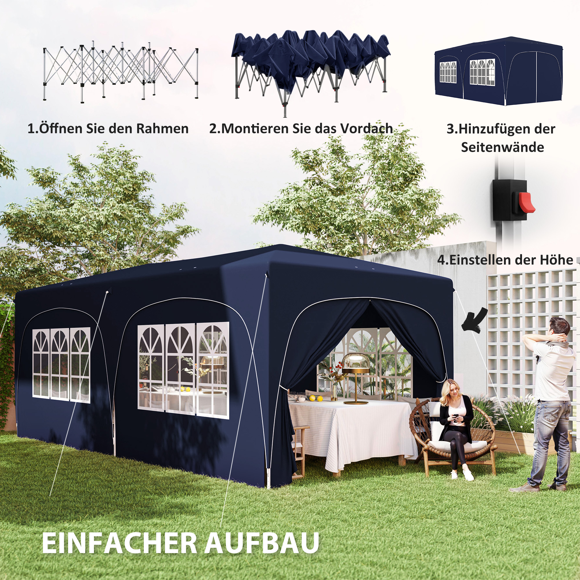 3 x 6 m Pop-up Paviljoen met Zijwanden, UPF50+ Hoogteverstelbaar Tuinpaviljoen met Draagtas en Zandzakken