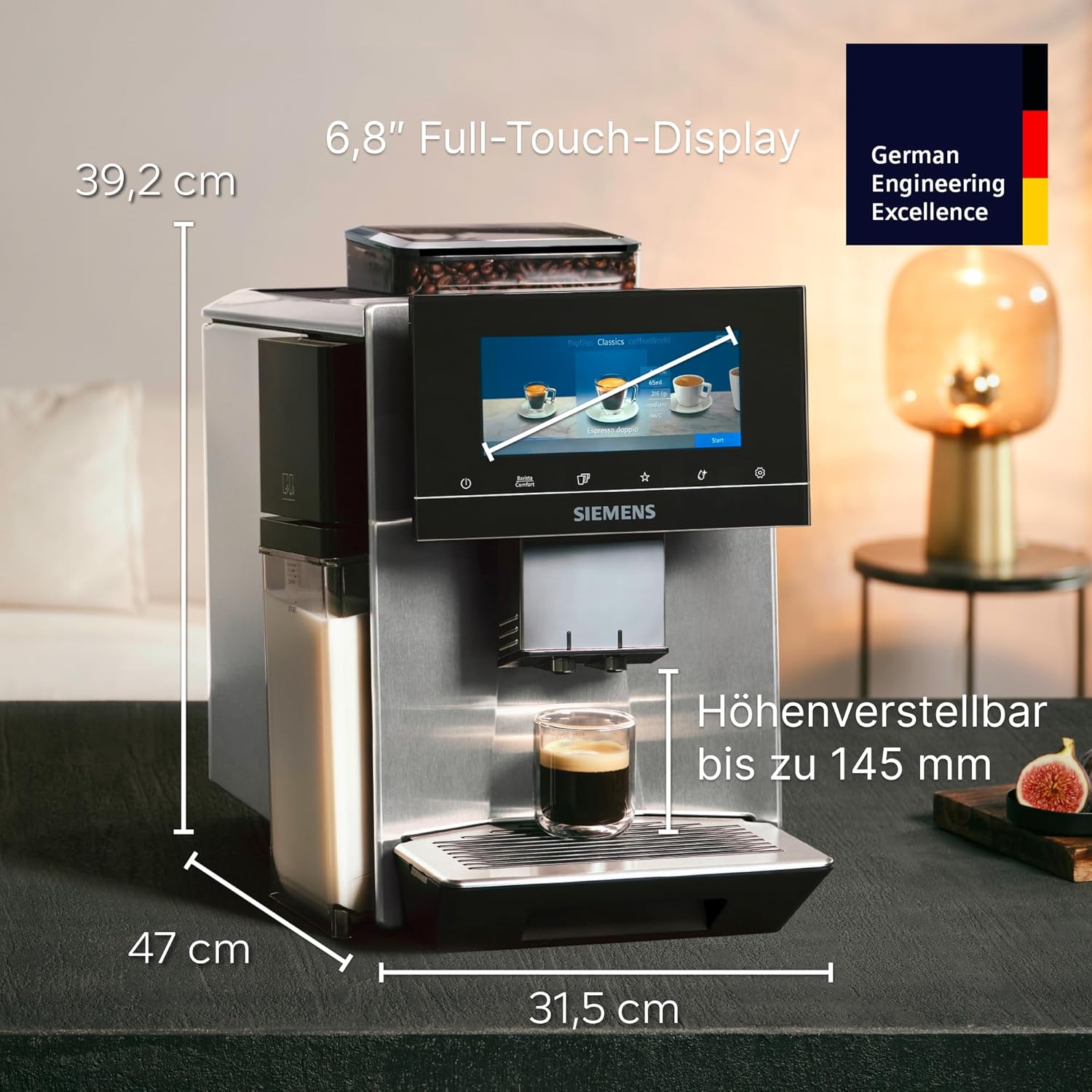 Siemens Kaffeevollautomat EQ900 plus TQ905DZ3, 36 internationale Kaffeespezialitäten, individueller Mahlgrad, App-Steuerung, großes Full-Touch-Display, Edelstahl