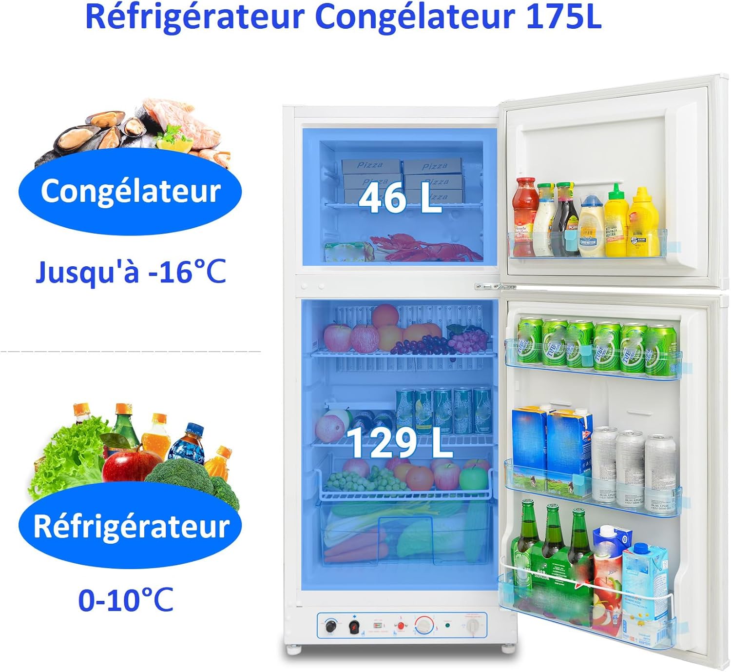 Frigo Congélateur Gaz/220V, Frigo Congélateur Combiné 175 litres (129+46), Réfrigérateur Congélateur Camping Gaz, Silencieux pour Gîte, Garage, Cabanon, Chalet, Mobile-home, Blanc