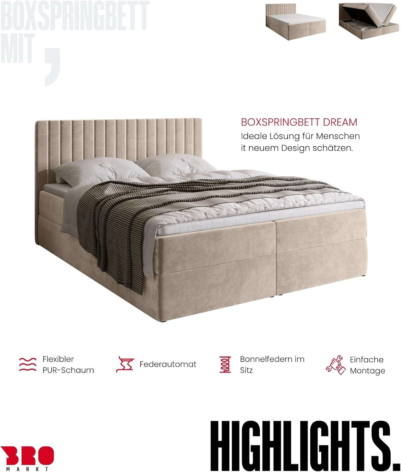 BROMARKT Boxspringbett mit Bettkasten Polsterbett mit Bonell-Matratze und Topper Doppelbett mit Stauraum Bett für Schlafzimmer gepolstertes Kopfteil Dream 160x200 Härtegrad H3 Samtstoff Beige