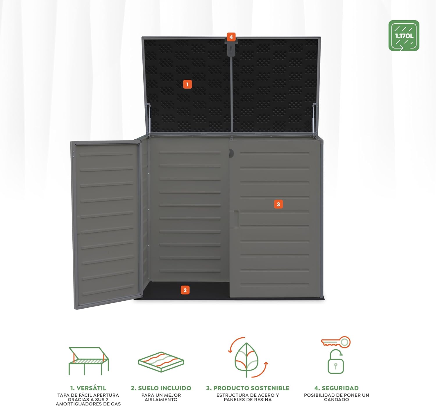 Wasabi - Mülltonnenbox aus Harz 1170L – 140x82x124cm – Inklusive Boden – Doppeltür und klappbarer Deckel – Metallrahmen – Polypropylen-Paneele – Riegelschloss – Gartenschuppen