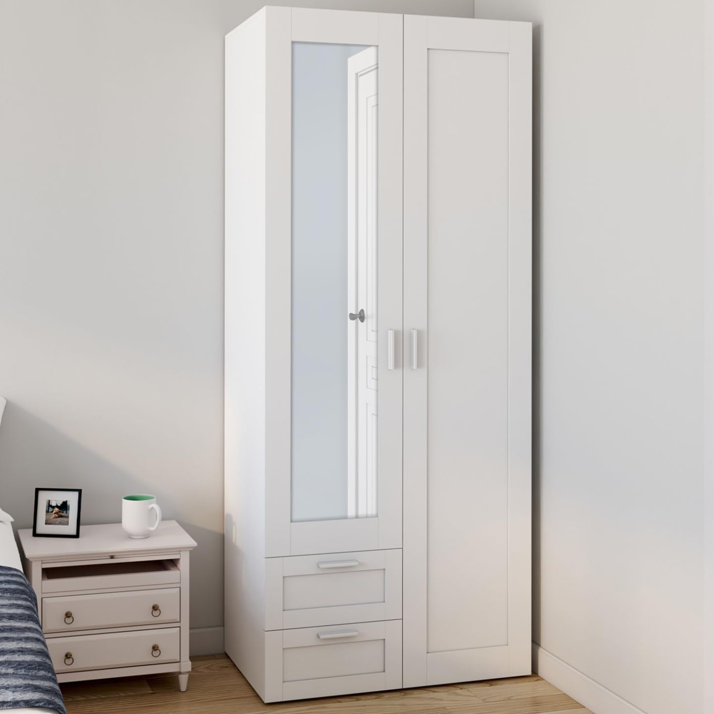 IDMarket - VITO 2-door wardrobe white 80 cm with 2 drawers, mirror and shelves