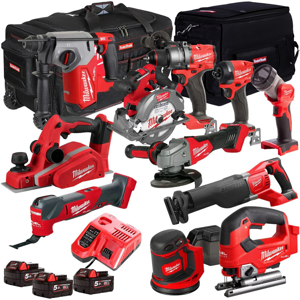 Milwaukee 18V Cordless Tool Set, 11-piece, with 3 x 5.0Ah batteries and charger in bag T4TM-9