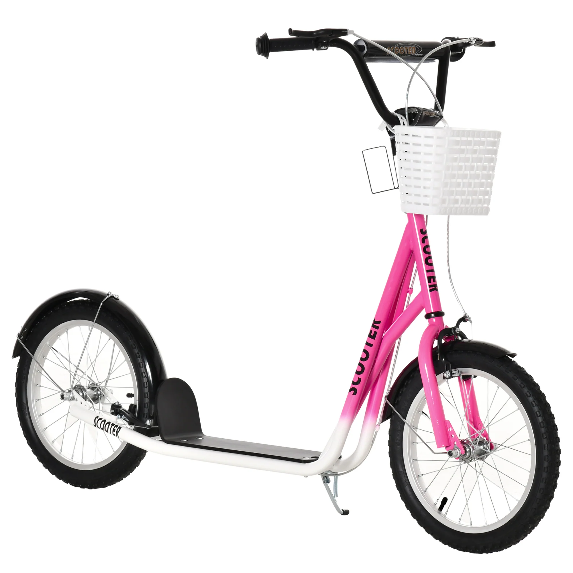 HOMCOM Kinderstep met Rem, Incl. Mand, Hoogteverstelbaar, voor Kinderen van 5 tot 12 Jaar, Wit + Roze