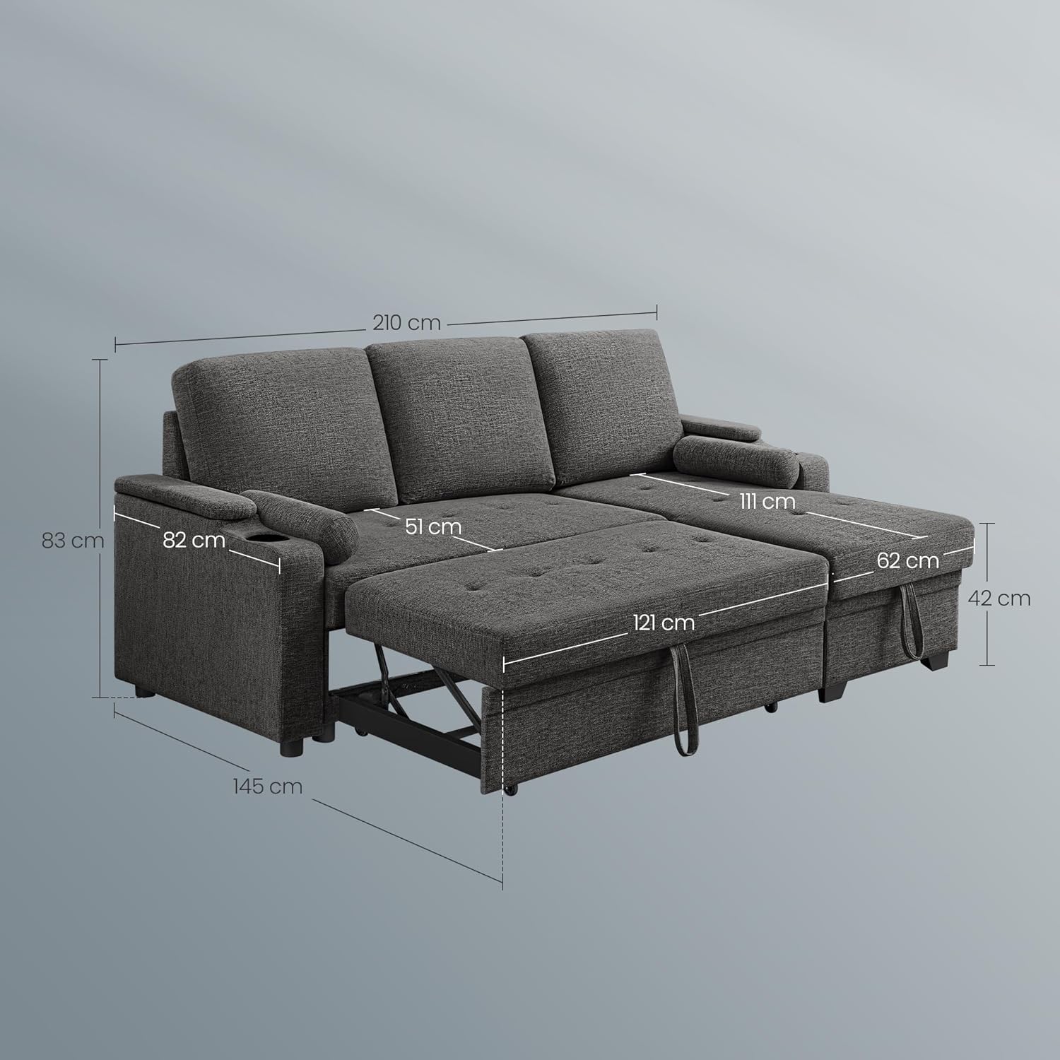 VASAGLE Schlafsofa, Schlafcouch, Bettsofa mit Stauraum, Polstermöbel, Bezug aus Baumwoll-Leinen-Mischgewebe, Becherhalter, modern, Gästezimmer, grau LCS801G01