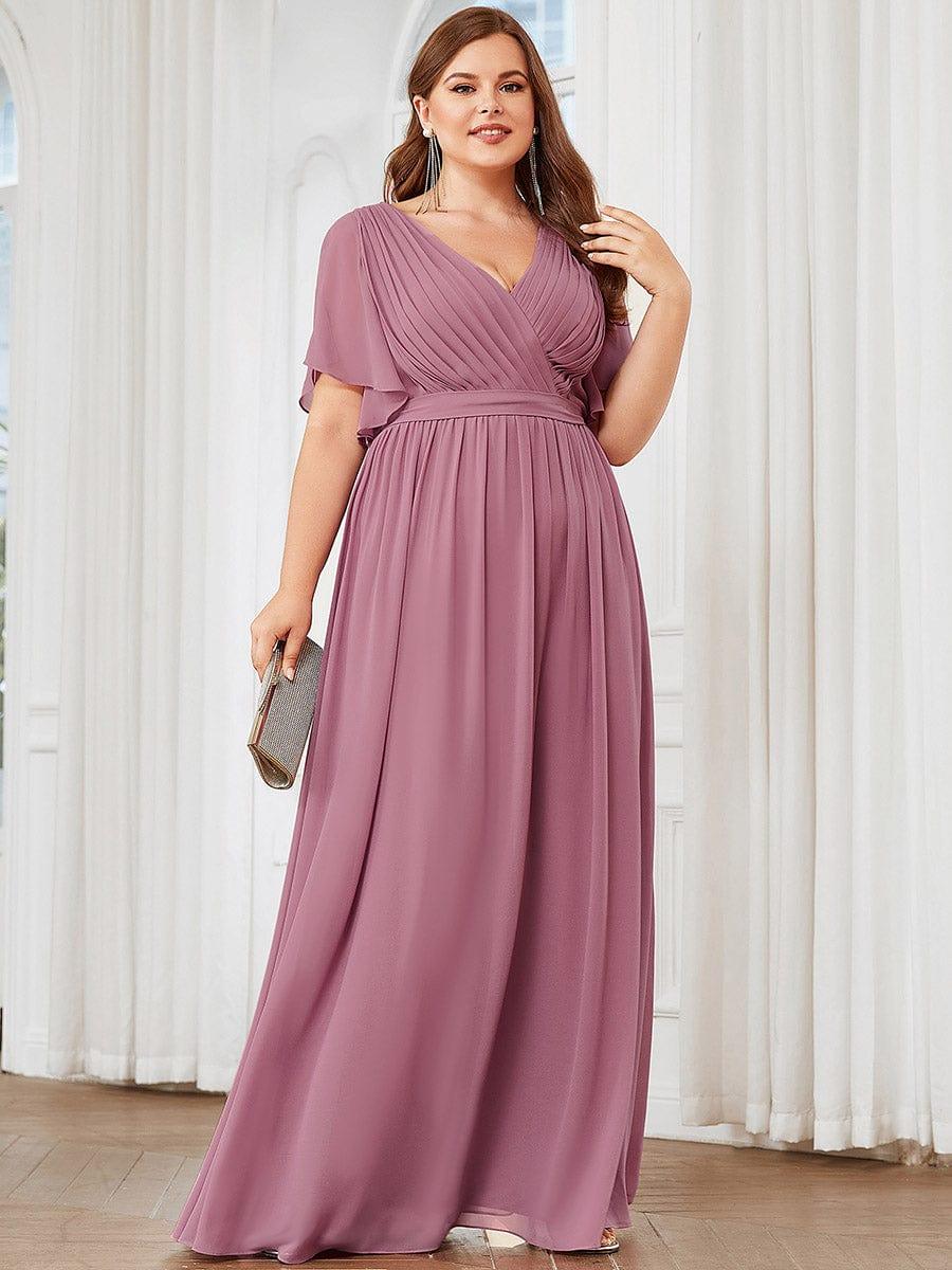 Abendkleid Damen Maxi A-Linie aus Chiffon | Festliches Kleid f��r Hochzeitsg?ste mit V-Ausschnitt und Fl��gel?rmeln