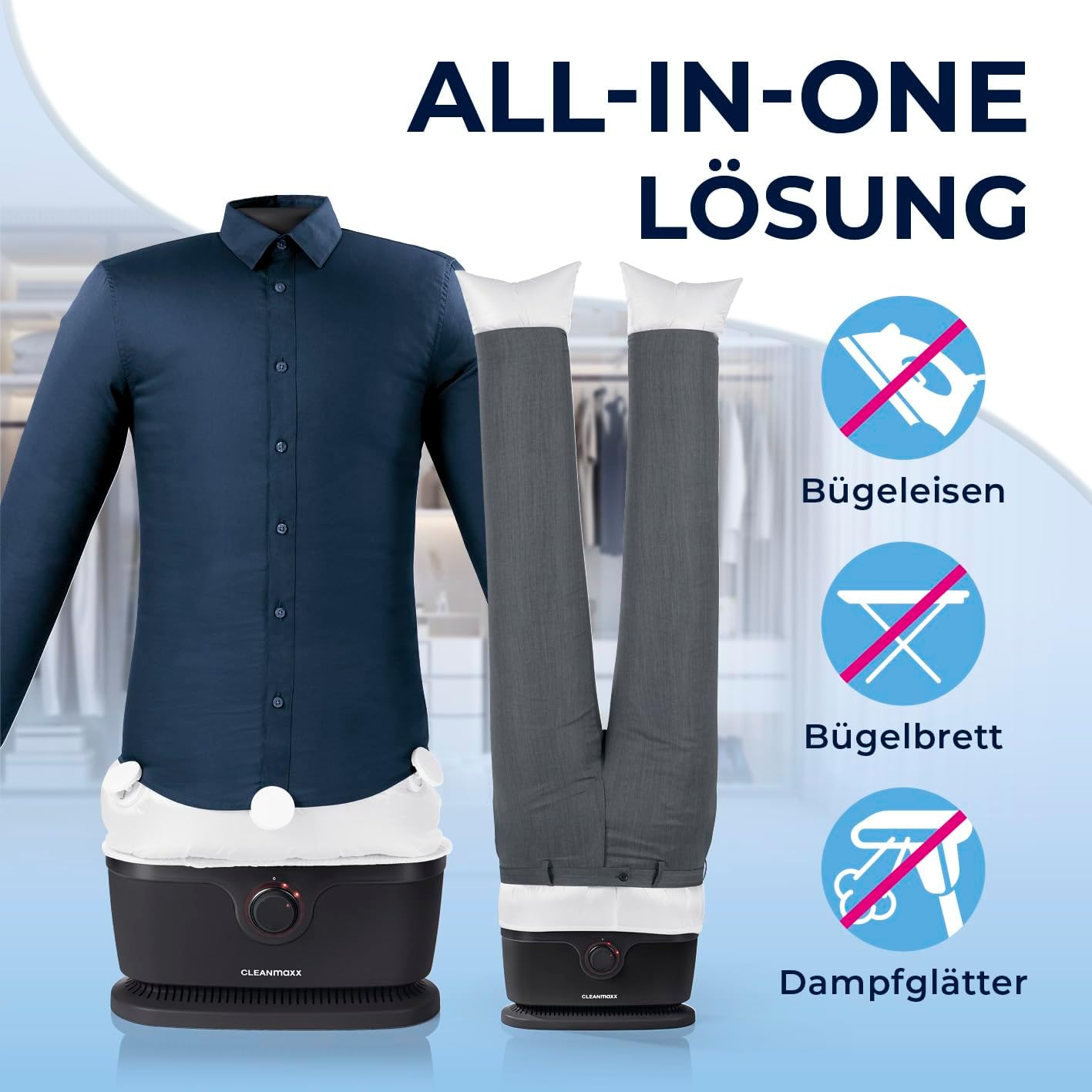 CLEANmaxx Automatischer Hemden-Bügler zum Trocknen und Gltten von Hemden & Blusen inklusive Aufsatz für Hosen | Die innovative und schonende Art, Ihre Wsche zu gltten