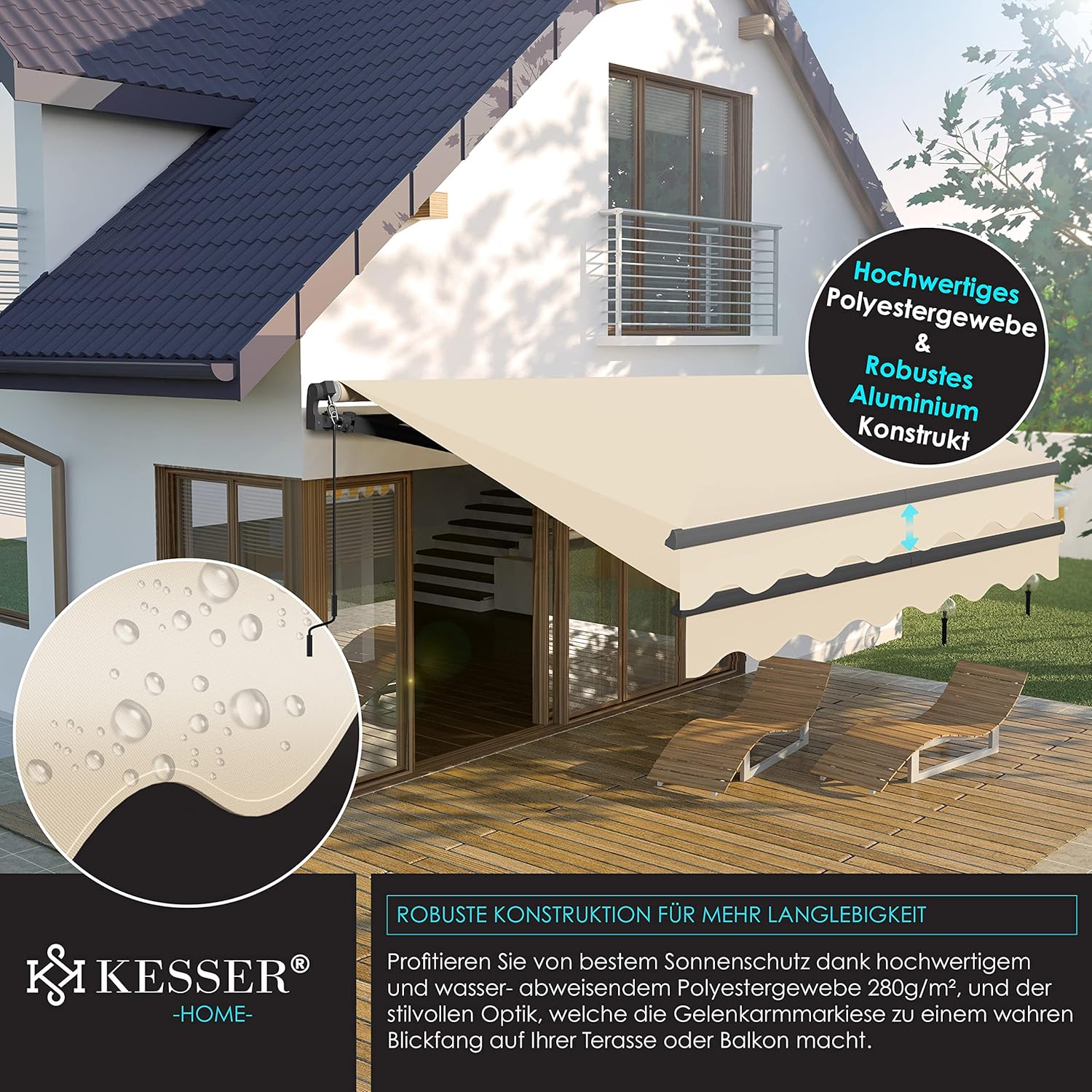 KESSER® Elektrische Gelenkarmmarkise mit Fernbedienung Markise Gelenkmarkise 250 x 200cm Terrassenmarkise Klemmmarkise Sonnenmarkise inkl. Wandhalterung Sonnenschutz Balkonmarkise Beige