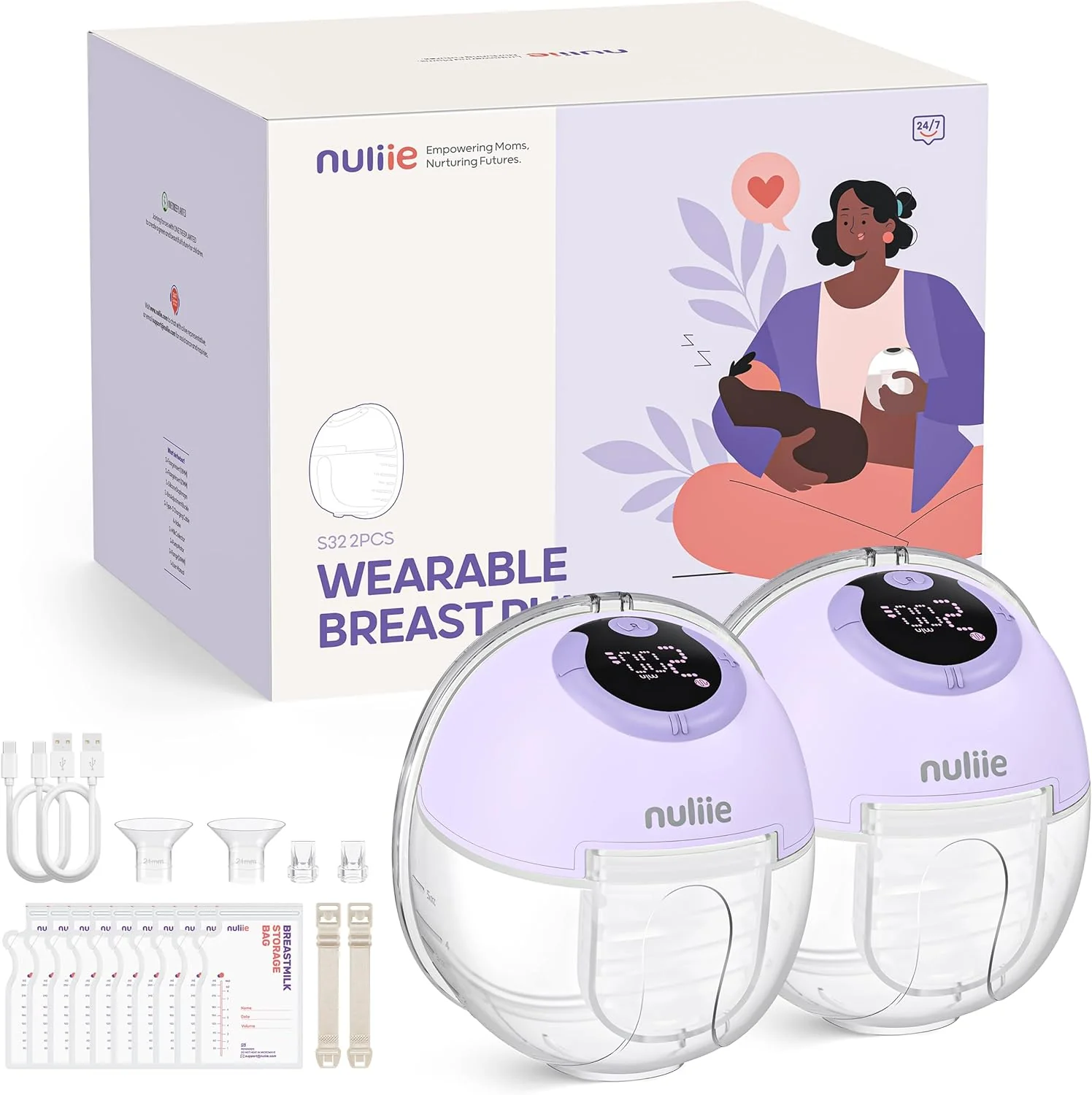 Nuliie Elektrische Borstkolf Draagbare S32, Handsfree Elektrische Borstkolf 4 Modi 9 Niveaus met 18/21/24 mm comfortabele flens, discreet, met reserveonderdelen inbegrepen (2 stuks, wit)