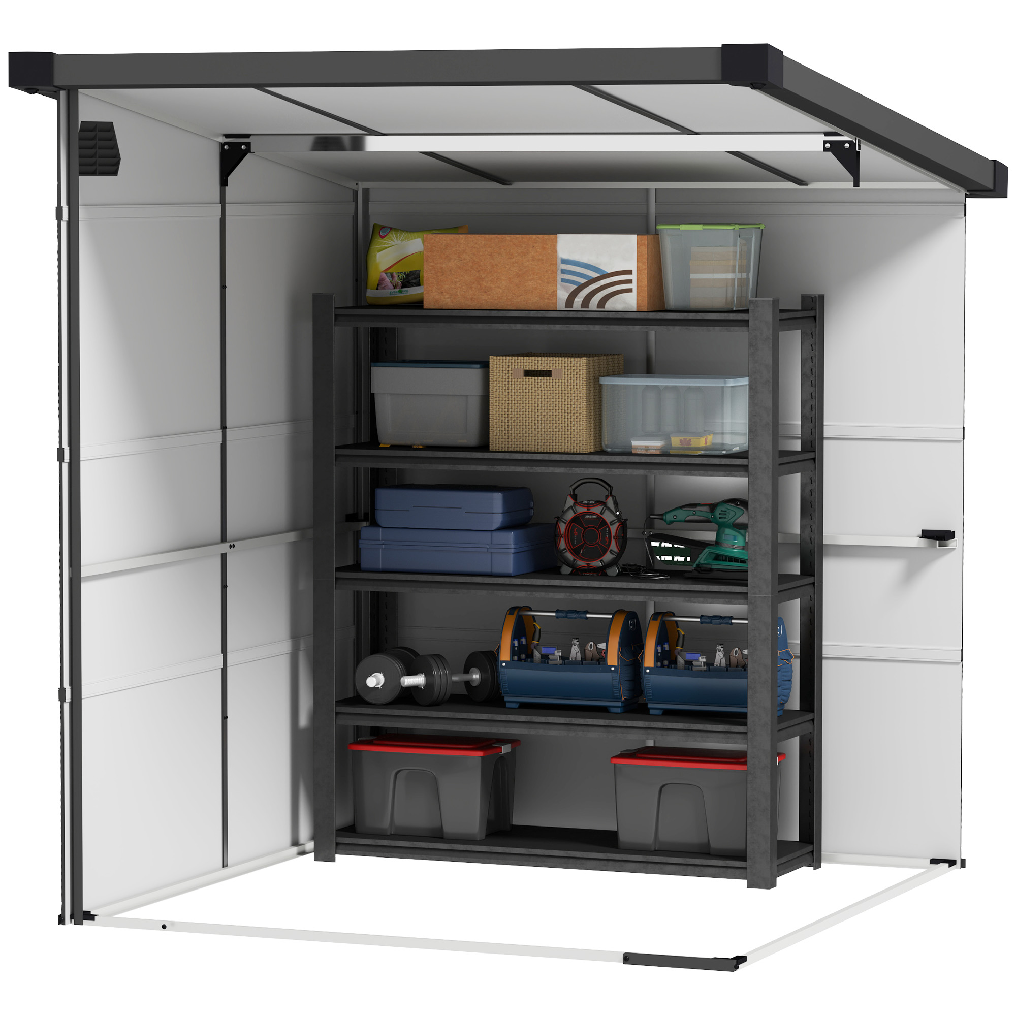 Outsunny 1,9 x 1,9 m Tuinschuur, Opslagschuur uit Kunststof, met Afsluitbare Deuren, 2 Ventilatieopeningen, Lichtgrijs