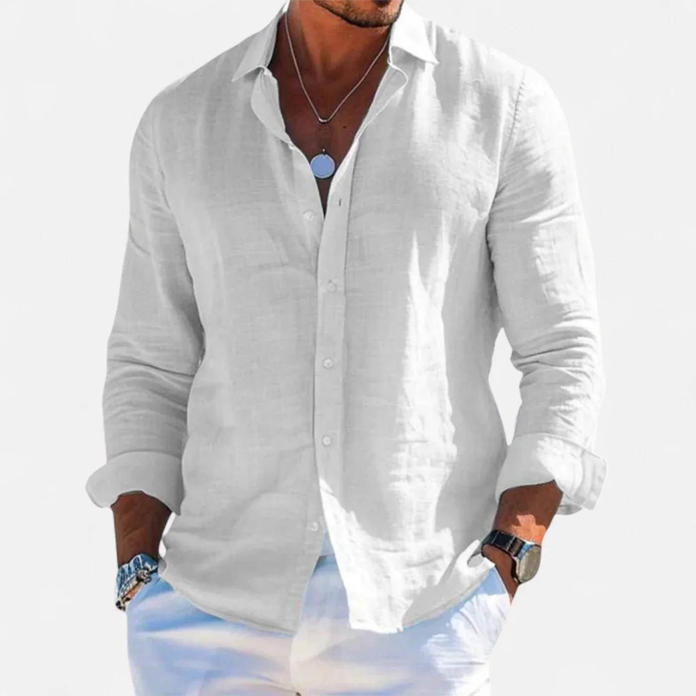 Leinen-Sommerhemd �C Button-Down mit Krempel?rmeln f��r Herren