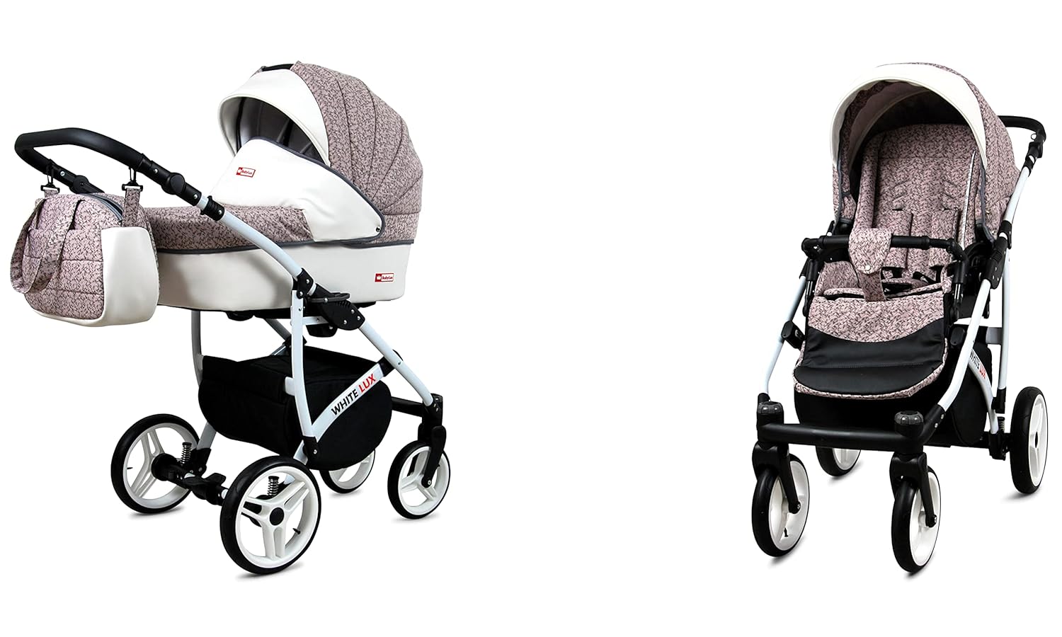 BabyLux® Bambimo Kinderwagen Set 3 in 1 - White Lux - incl. Babywanne, Buggy Sportsitz, Auto-Babyschale - Autositz - Kinderwagenset - Kombikinderwagen mit Wickeltasche, Regenschutz usw.