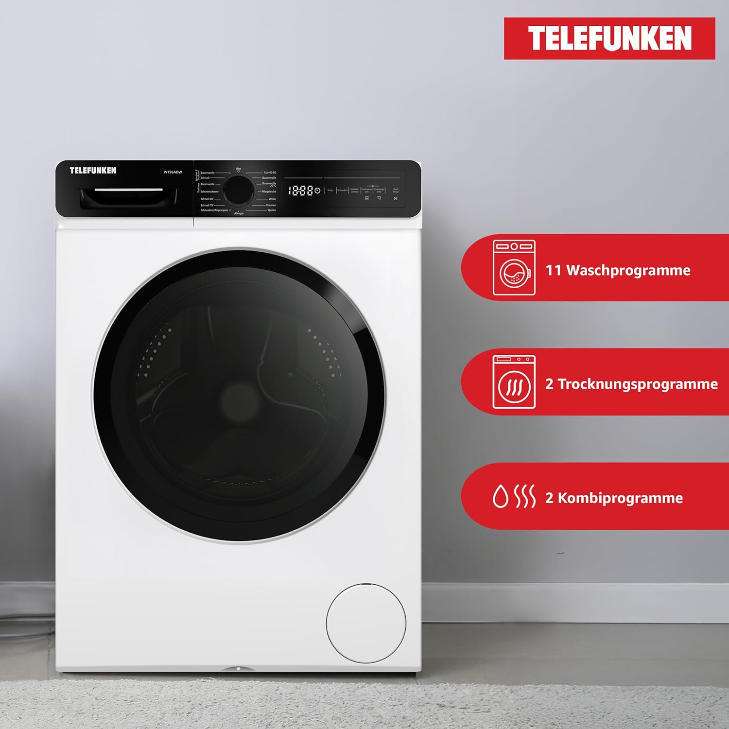 Telefunken Waschtrockner, 9 kg Waschen / 6 kg Trocknen, Waschmaschine mit Trockner integriert, 1400 U/Min, Frontlader Waschtrockner Kombi, Inverter Motor, AquaStop, 15 Programme, Energiesparend, Weiß