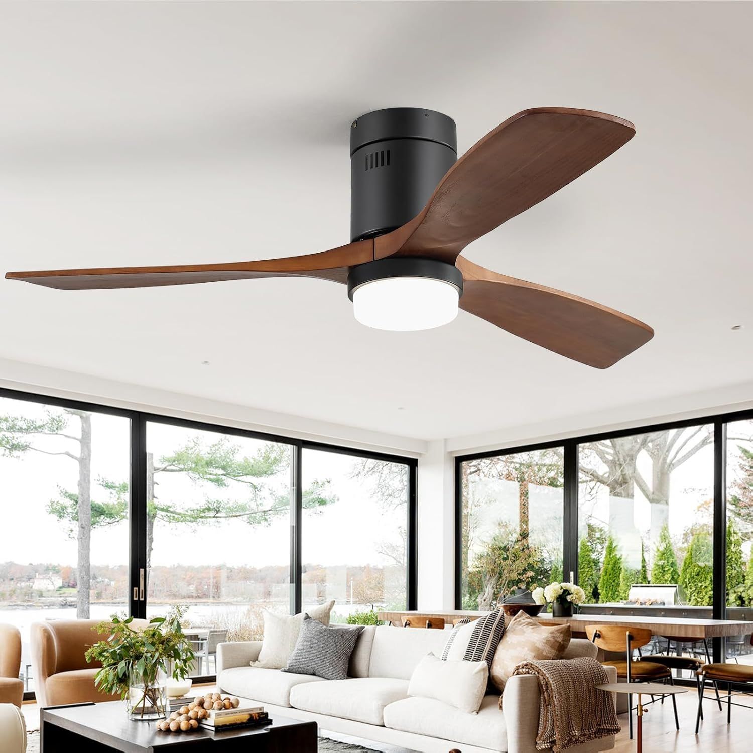 CACI 52-inch Black Ceiling Fan with Lights, Low Profile Flush Mount, Remote Control, 6-Speed, Reversible DC Motor for Indoor/Outdoor