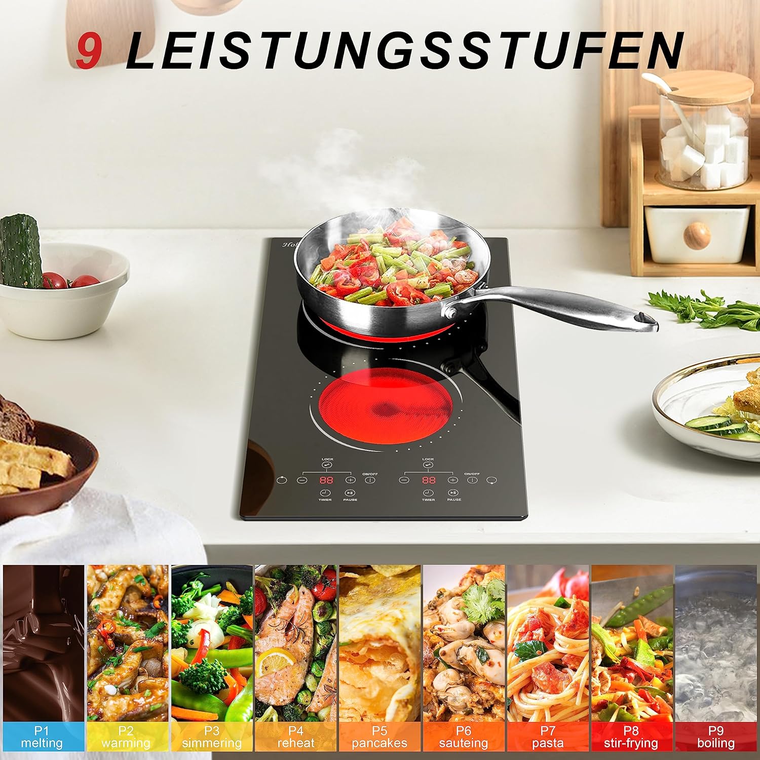 Glaskeramikkochfeld 4 Zonen Kochfelder Sensor-touch Control Kochfeld Autark 60cm, 6000W, 9 Leistungsstufe, verkabelt, kein Stecker