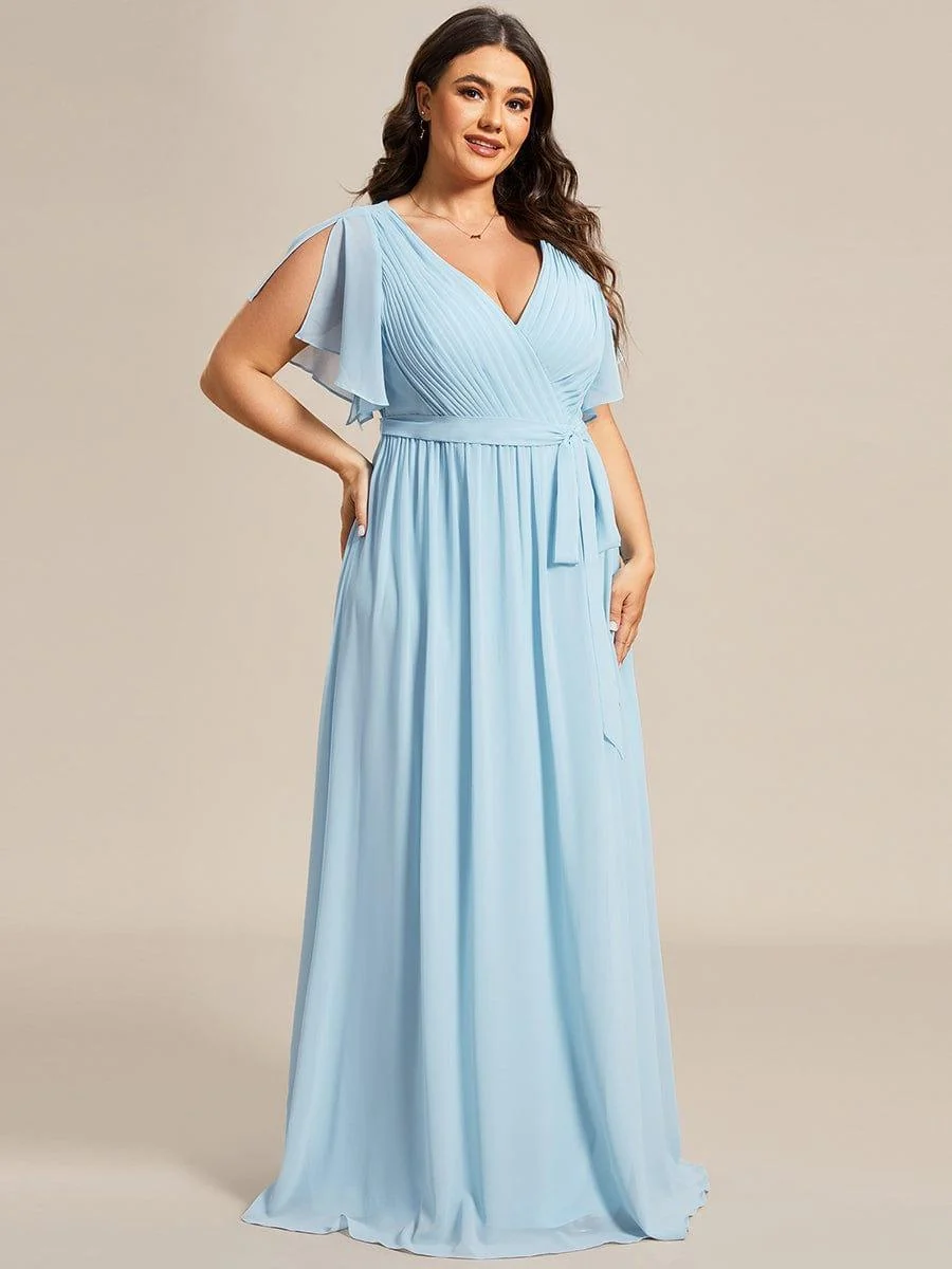 Abendkleid Damen Maxi A-Linie aus Chiffon | Festliches Kleid f��r Hochzeitsg?ste mit V-Ausschnitt und Fl��gel?rmeln