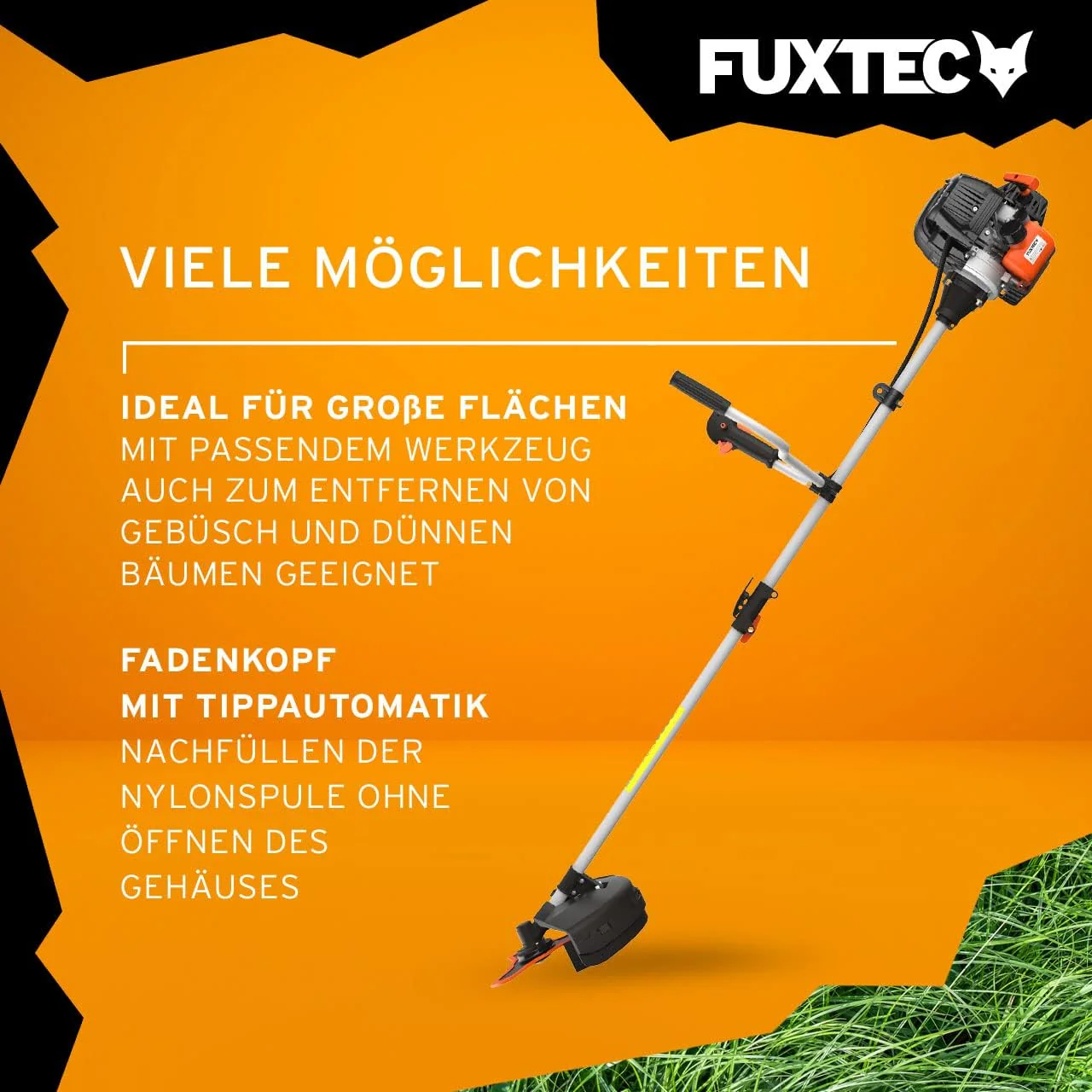 FUXTEC Benzine bosmaaier FX-4MS131, grastrimmer met 4-taktmotor, 320 mm snijcirkel, ergonomische tweehandige handgreep, noodstopschakelaar, lichtgewicht, incl. professionele draagriem/mes/draad