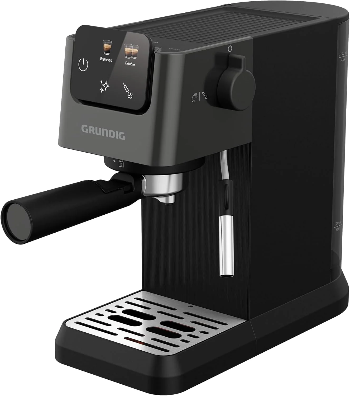 GRUNDIG KSM 5330 Espressomachine met ge?ntegreerd melkreservoir, 1628 W vermogen, 15 bar pompdruk, dubbele tuit, kleuren-touchscreen, BrewSense, CreamyPro, donker inox/zwart