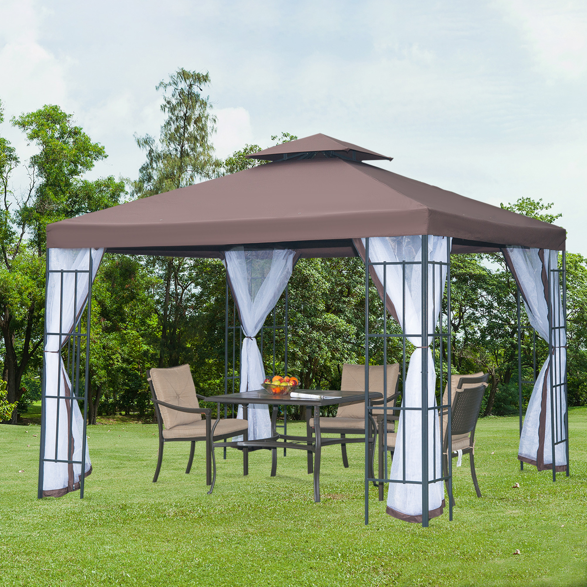 Partytent in de tuin partytent paviljoen tuintent feesttent dubbel dak 3 x 3 m bruin