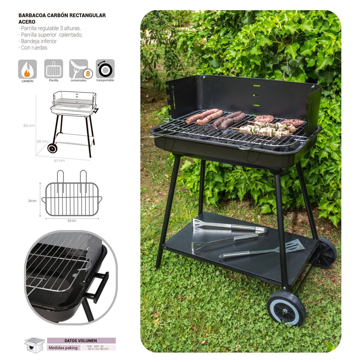 Grill węglowy Lolahome ze stalowym rusztem, 57x38x80 cm, czarny