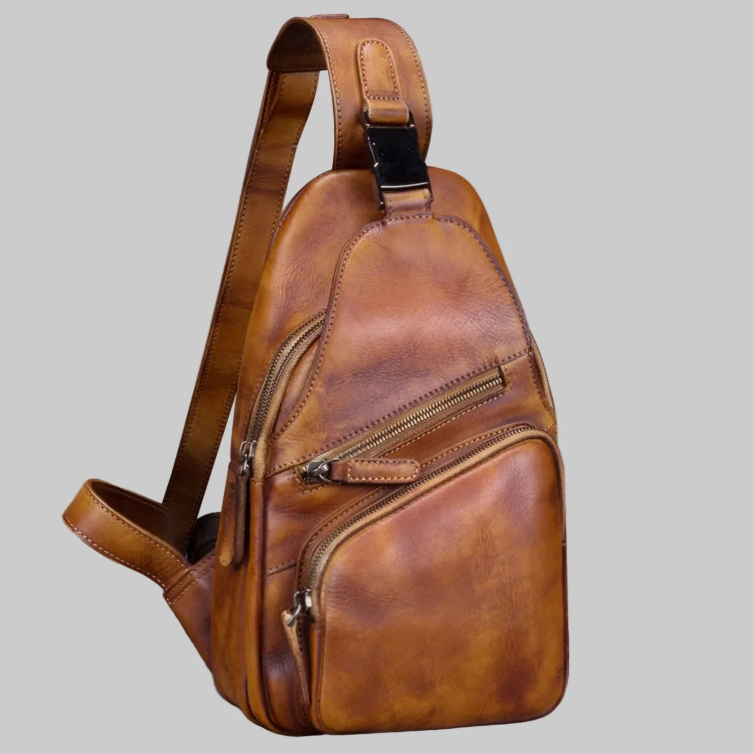Metal Buckled Full Grain Leather Sling Bag Crossbody Purse