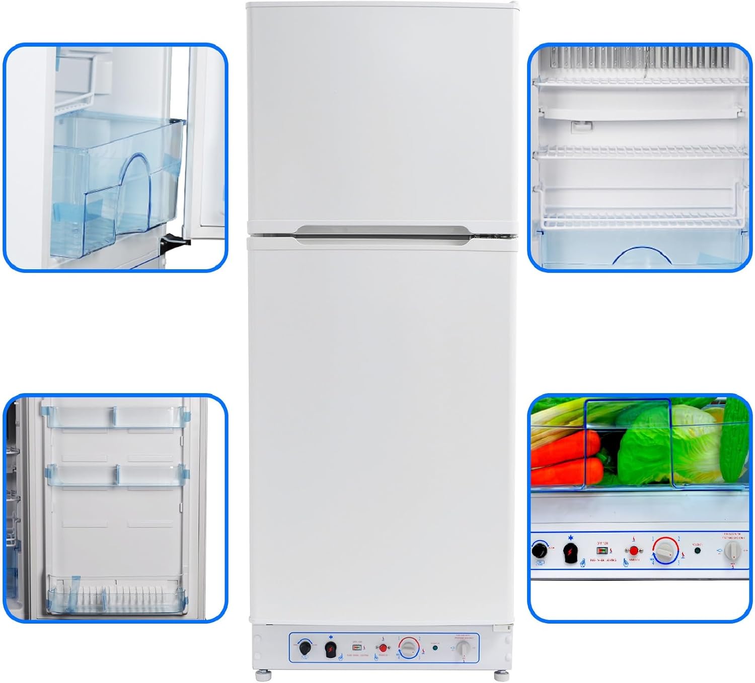 Frigo Congélateur Gaz/220V, Frigo Congélateur Combiné 175 litres (129+46), Réfrigérateur Congélateur Camping Gaz, Silencieux pour Gîte, Garage, Cabanon, Chalet, Mobile-home, Blanc