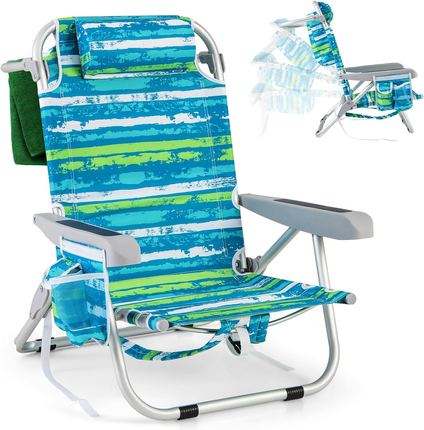COSTWAY Silla Plegable de Playa, Tumbona con 5 Posiciones, Portavasos, Bolsillos de Almacenamiento, Correas de Hombro, Soporte para Toallas, Almohada, 150kg (Verde+Azul,1)