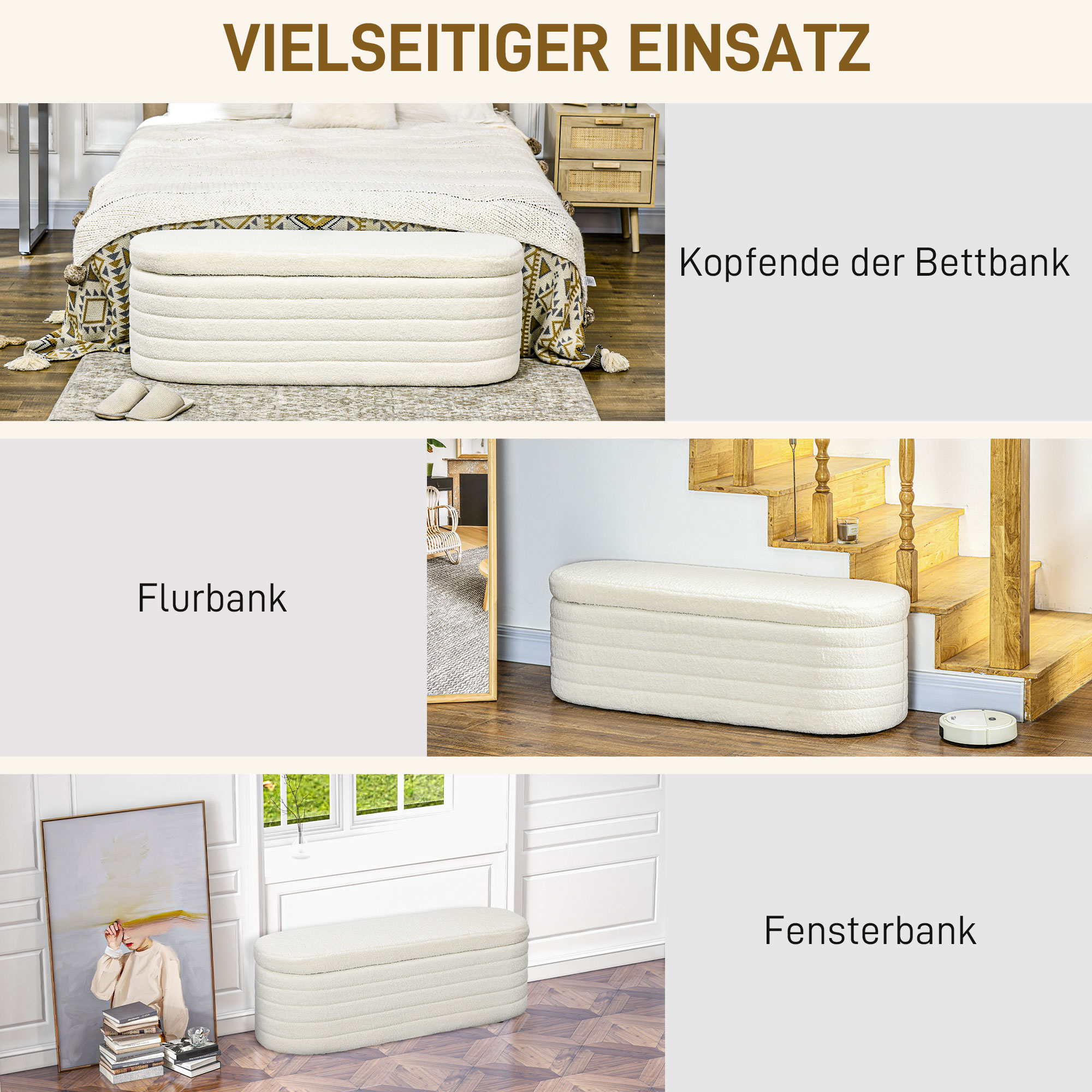 Bedbank met Opbergruimte, Teddy-Fleece, 116x41x40,5cm, Cr��mewit