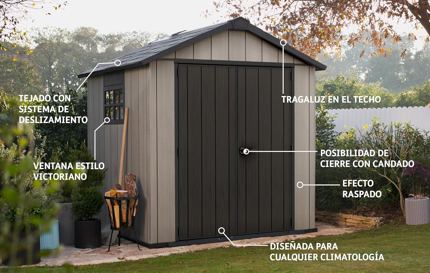 Keter Gerätehaus Oakland 757, Grau, 8,4m³, Außenmaße B/T/H: 230 x 223,8 x 242 cm, Duotech Struktur, wetterfest, Doppeltür, Oberlicht und Fenster, strapazierfähiger Schwerlastboden