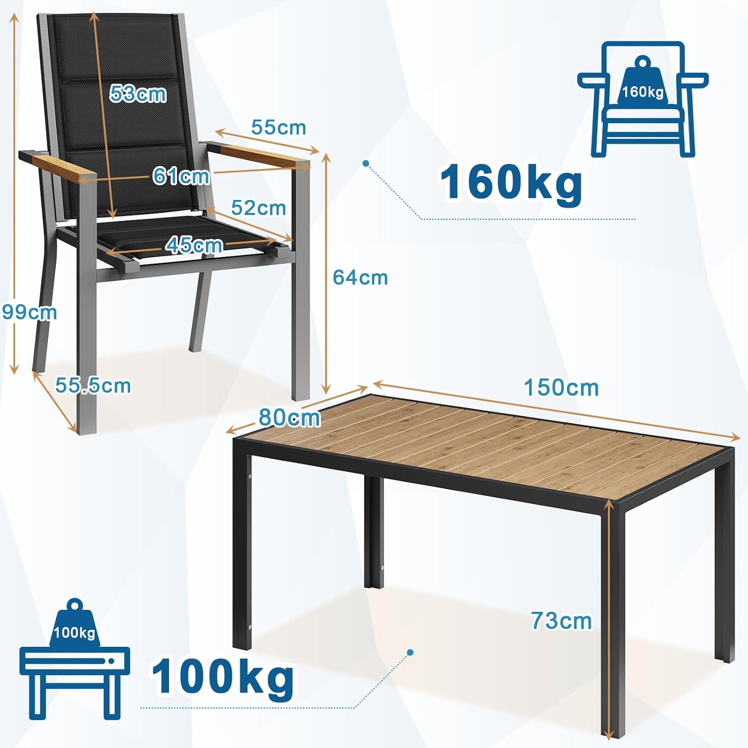 JUMMICO Gartenmöbel Set Terrassen Set Aluminium Gestell mit Holzoptik PS Tischplatte Komfortabler Hochlehner Einfach Montiert,8 Personen Set