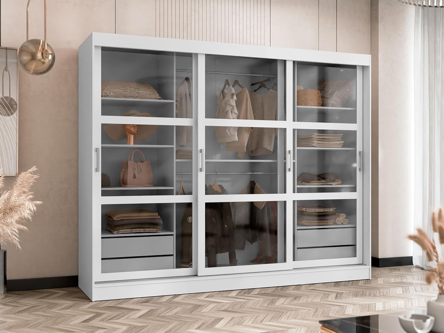 Mirjan24 Kleiderschrank Norlio mit Glastüren und Schubladen, Schwebetürenschrank mit Rauchglas, Schiebetürenschrank mit einlegeböden und Stange, Garderobe (Weiß, ohne Beleuchtung)