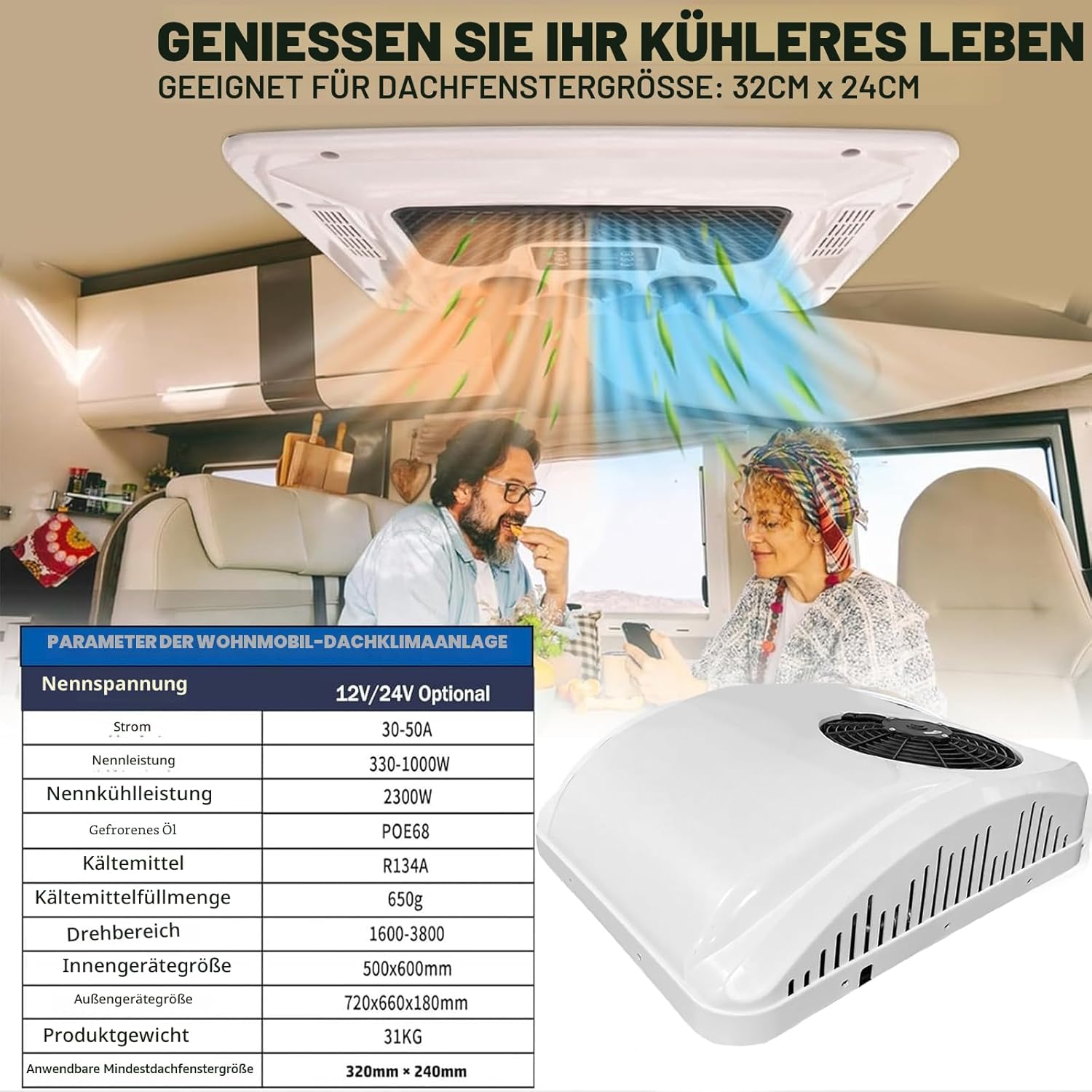 12V Wohnmobil Klimaanlage Heizungs-Kombination Universales Dach-Klimagerät, 12 Volt DC Wohnmobil Klimaanlage mit Heizung, 9500BTU leise Camper Klimagerät, schnelles Heizen & Kühlen für