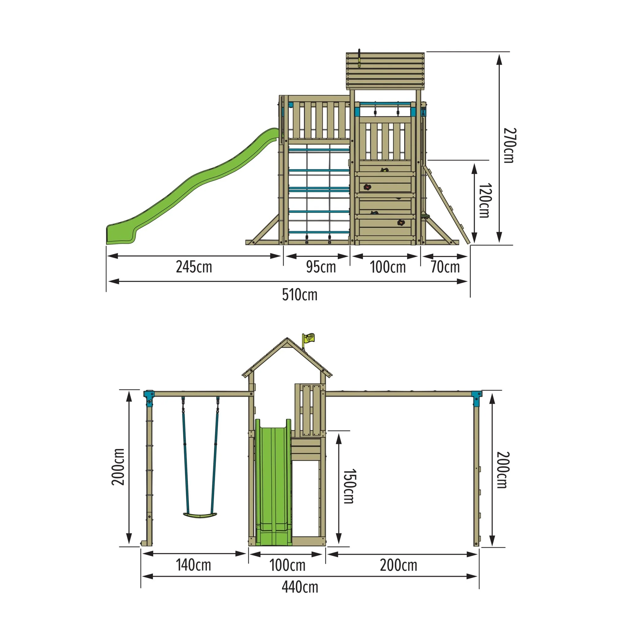 TP Skywood Houten Klimrek met Super Golvenglijbaan, Sky Deck, Klimrek en Skyline met Rapide Schommelzit ?C FSC? gecertificeerd