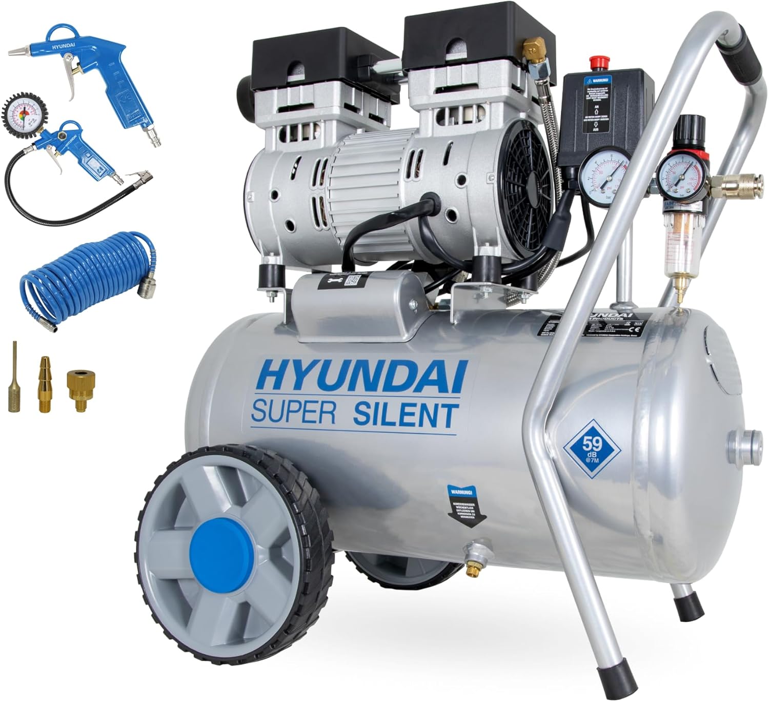 HYUNDAI Silent-Kompressor SAC55752 SET 24L Kessel, 8bar, ölfrei 0.75kW / 1.0PS Ansaugleistung 125 L/Min Öl-Wasserabscheider 59dB Luftkompressor leise, Flüster-Kompressor mit Zubehör