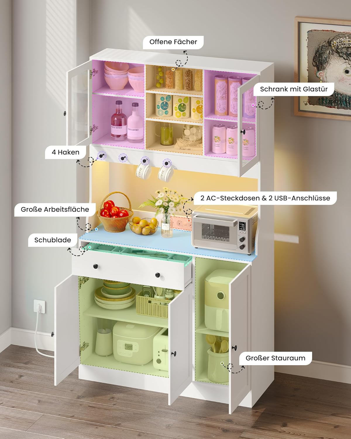 Küchenschrank mit Arbeitsplatte, Sideboard mit LED, Steckdose, Buffetschrank mit Schubladen, Verstellbaren Ablagen, Großer Stauraum, Küche, Wohnzimmer, Esszimmer, 103.5 * 40 * 180 cm, Weiß