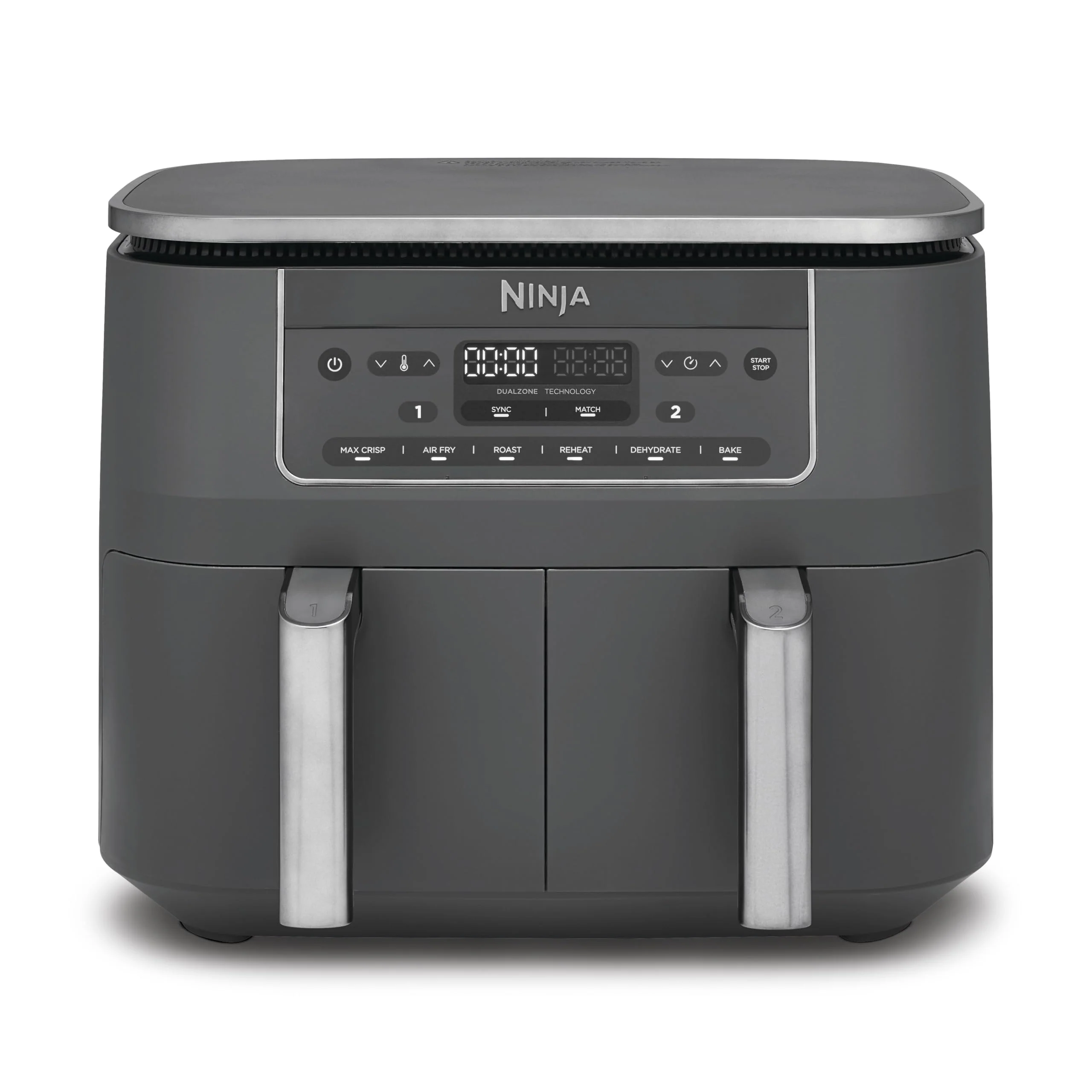 2025 Ninja Dual Zone Digitale Airfryer, 2 lades, 6-in-1, heteluchtfriteuse zonder olie, 7,6 L, Air Fry, Max Crisp, Roosteren, Bakken, Opwarmen, vaatwasbestendige manden, Metallic grijs DZ300EU