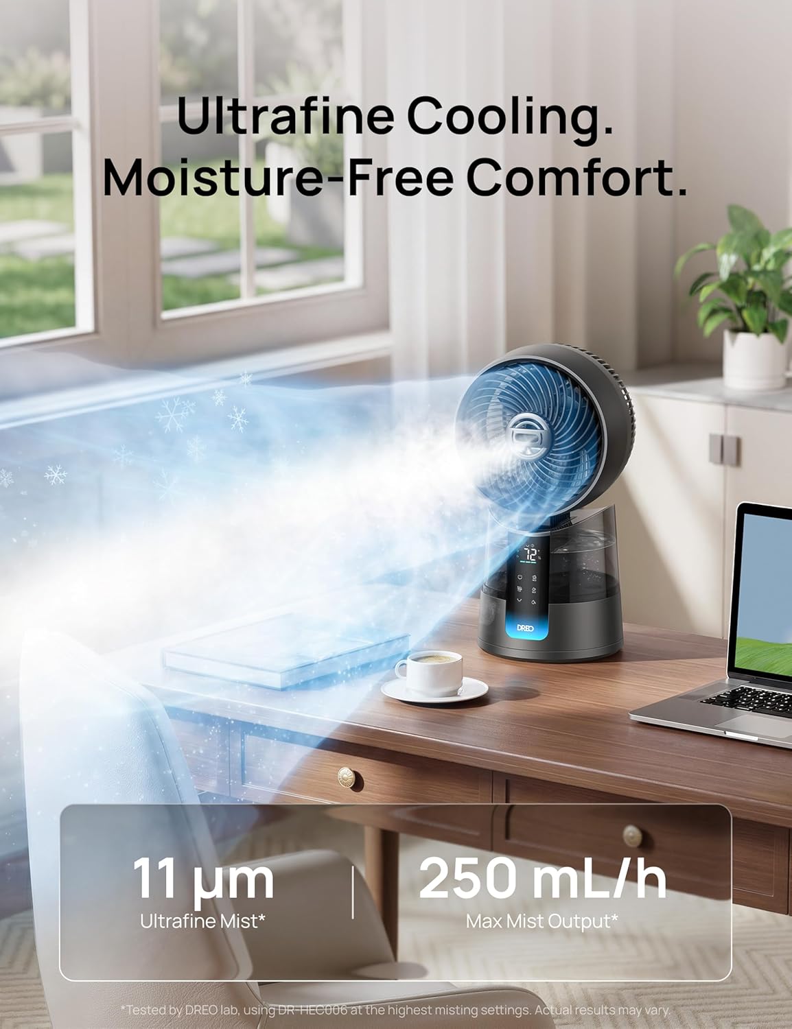 DREO TurboCool Ventilateur brumisateur 516, omnidirectionnel 150° + 30°, ventilateur de refroidissement oscillant qui souffle de l'air froid, vent de 7,9 m/s, brume ultrafine, 20 dB, réservoir de 1,3