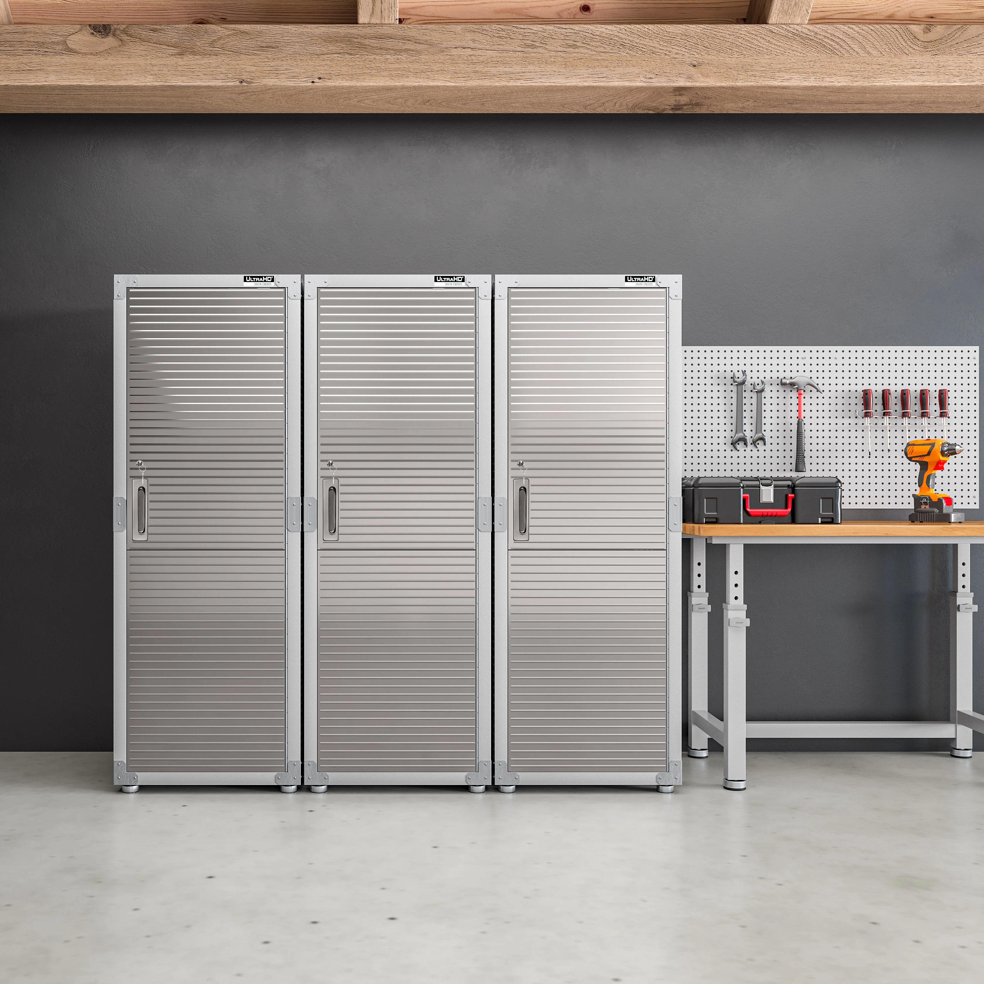 2025 Robuuste gereedschapskast van massief staal met RVS-deur, 61 x 46 x 168 cm, afsluitbaar, 4 legplanken, granietafwerking, UltraGuard? coating, draagvermogen 317 kg