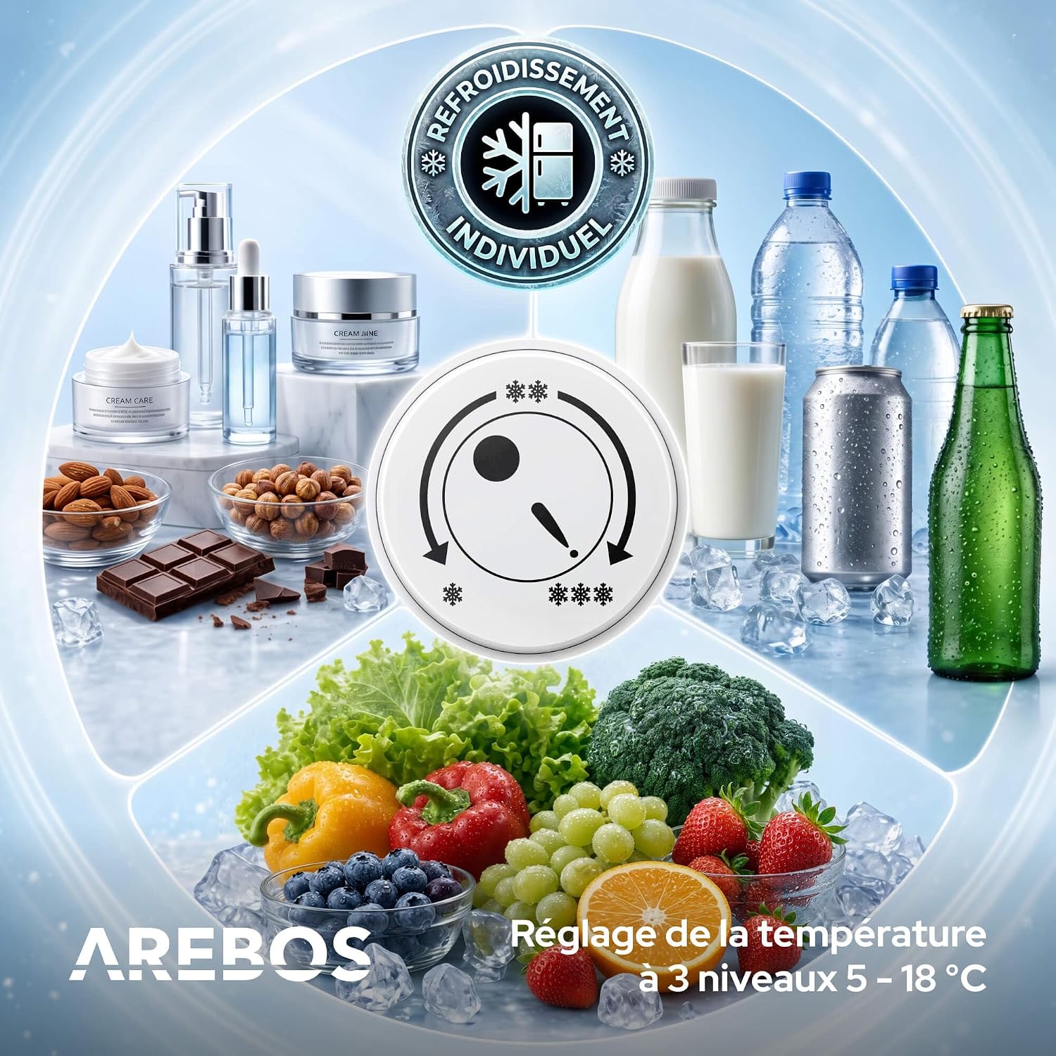 AREBOS Mini Réfrigérateur 40L | Mini Bar Silencieux ≤27 dB | Réfrigérateur Compact Verrouillable avec LED & Température Réglable 5–18 °C | Petit Frigo Bureau | Noir