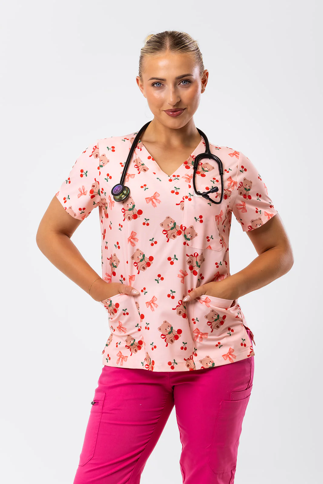 Cherry Cozy Bear Scrub Top