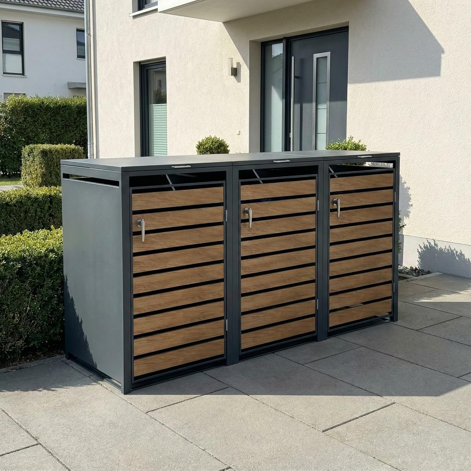 Metzler Mülltonnenbox in Anthrazit & Holzoptik 3er 240L, Mülltonnenverkleidung 3 Tonnen, witterungsbeständiger und pulverbeschichteter Stahl mit Automatikdeckel, abschließbar, Garten- und Müllbox
