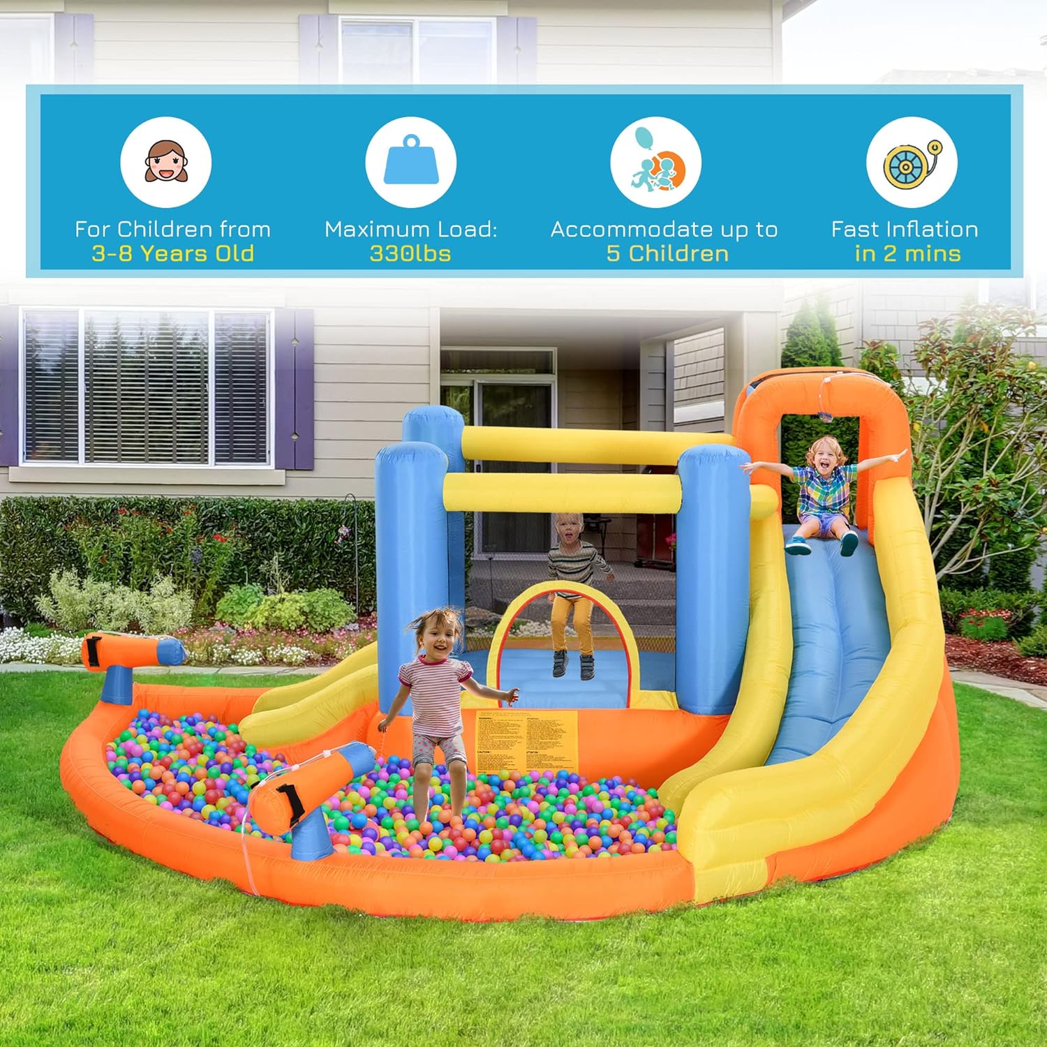 Kids Inflatable Water Slide 5-in-1 Bounce House Water Park Jumping Castle with Water Pool, Slide, Climbing Walls, & 2 Water Cannons, 450W Air Blower