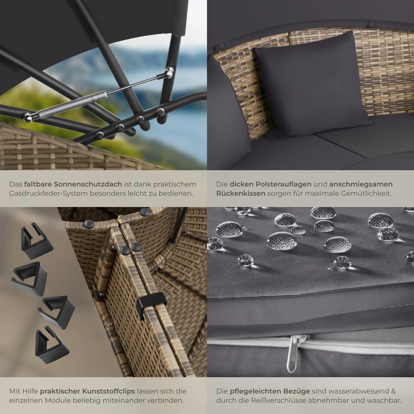 tectake® Lounge Muschel Sonneninsel Outdoor wetterfest, Gartenmuschel, Sonnenliege 2 Personen und mehr, multifunktionales Terrasse oder Balkon Möbel, Gartenliege wetterfest - Natur
