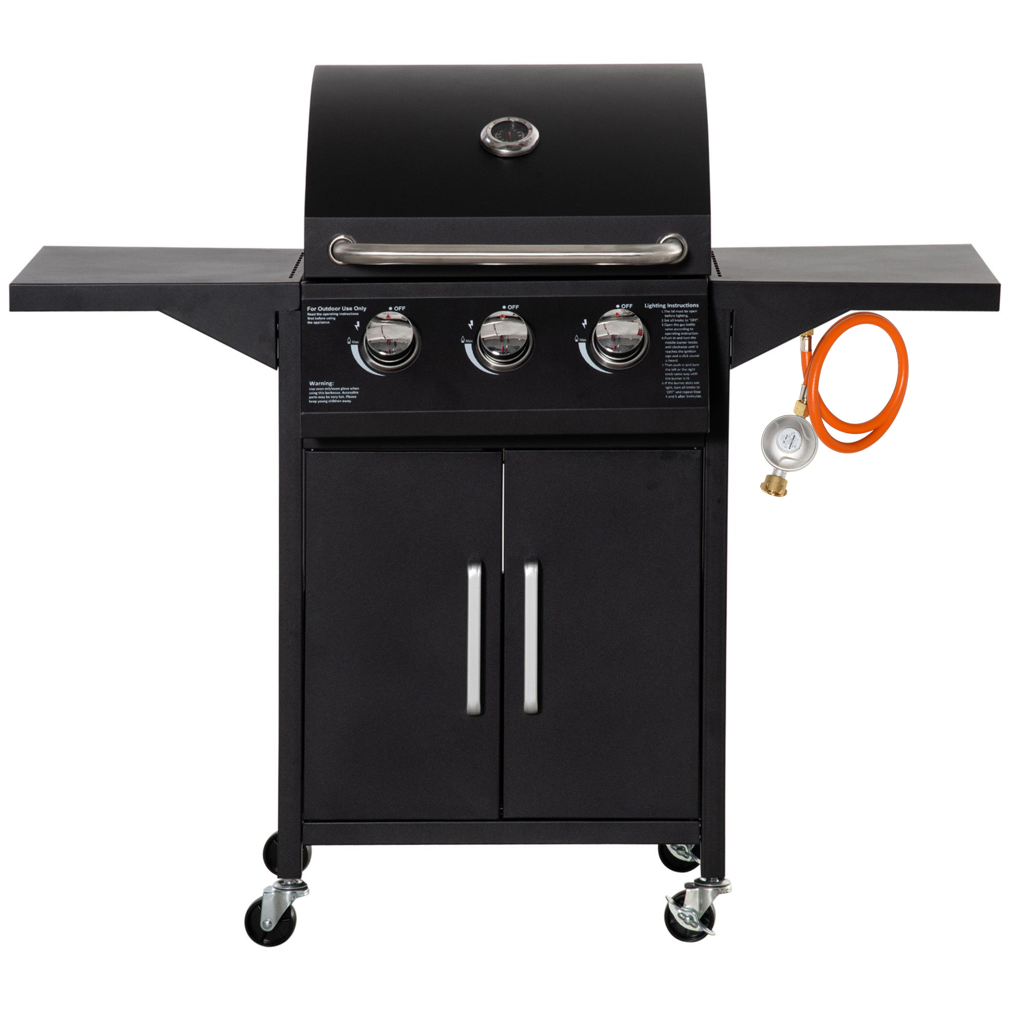 gasgrill BBQ met 3 branders elk 3 kw mobiel 4 wielen grillnet zwart