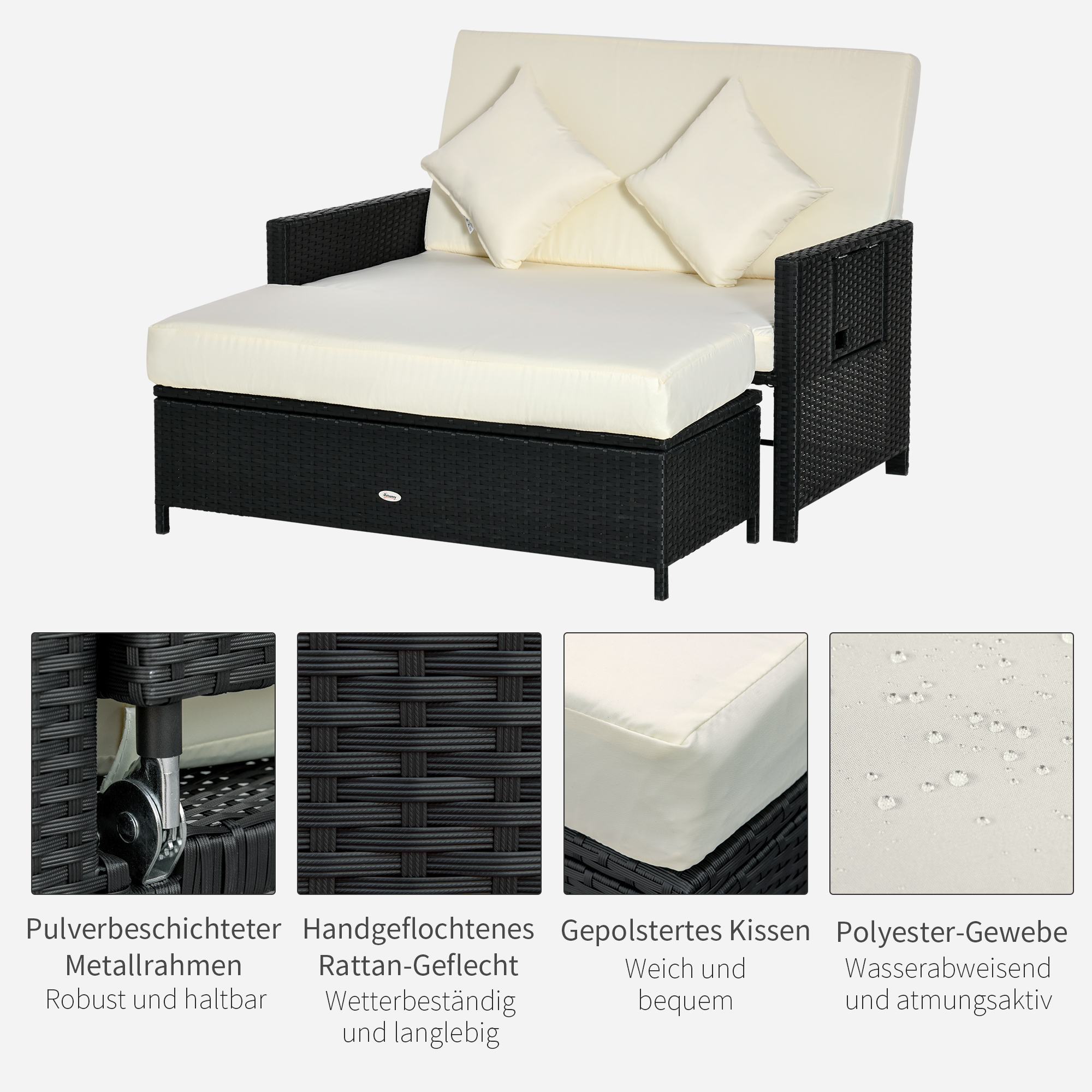 Outsunny Poly-rotan loungebank 2-zits set ligstoel kruk bruin
