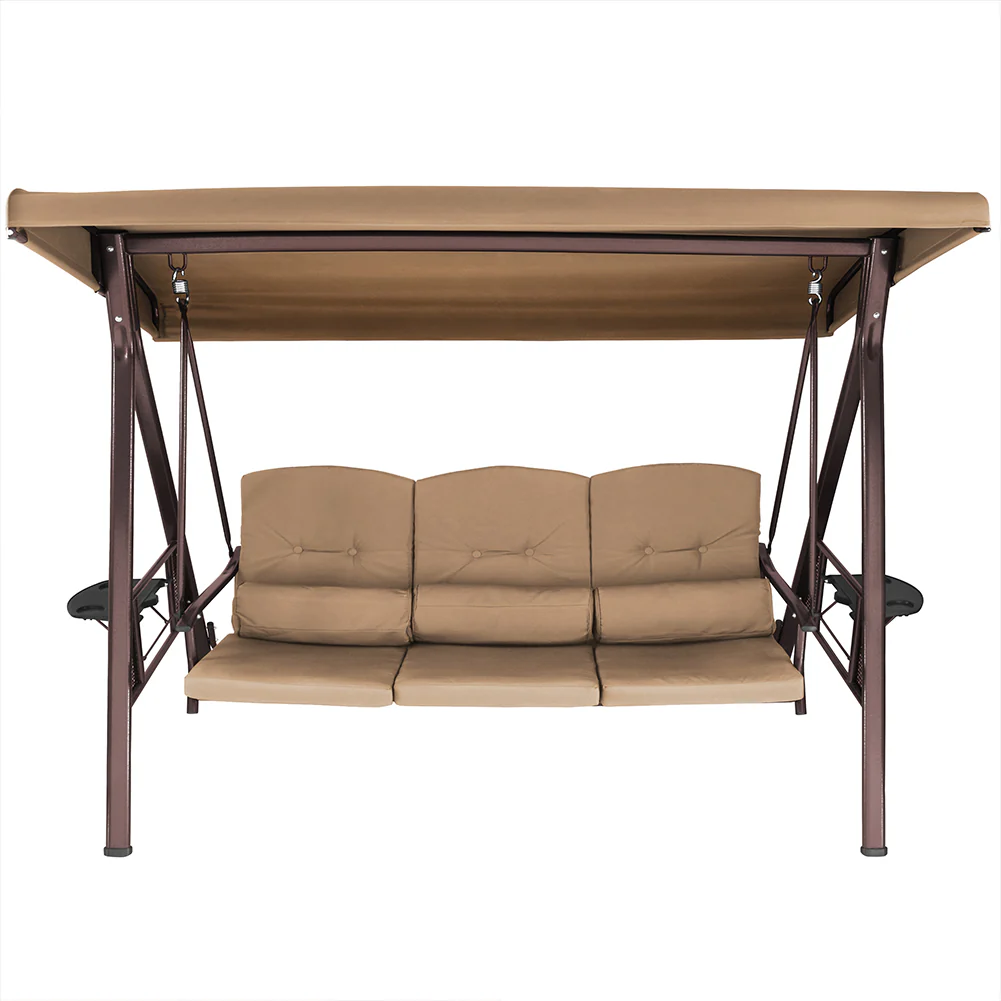 Dondolo Giardino Ibiza 3 Posti con Parasole Cuscini e Vassoi Pieghevoli Marrone