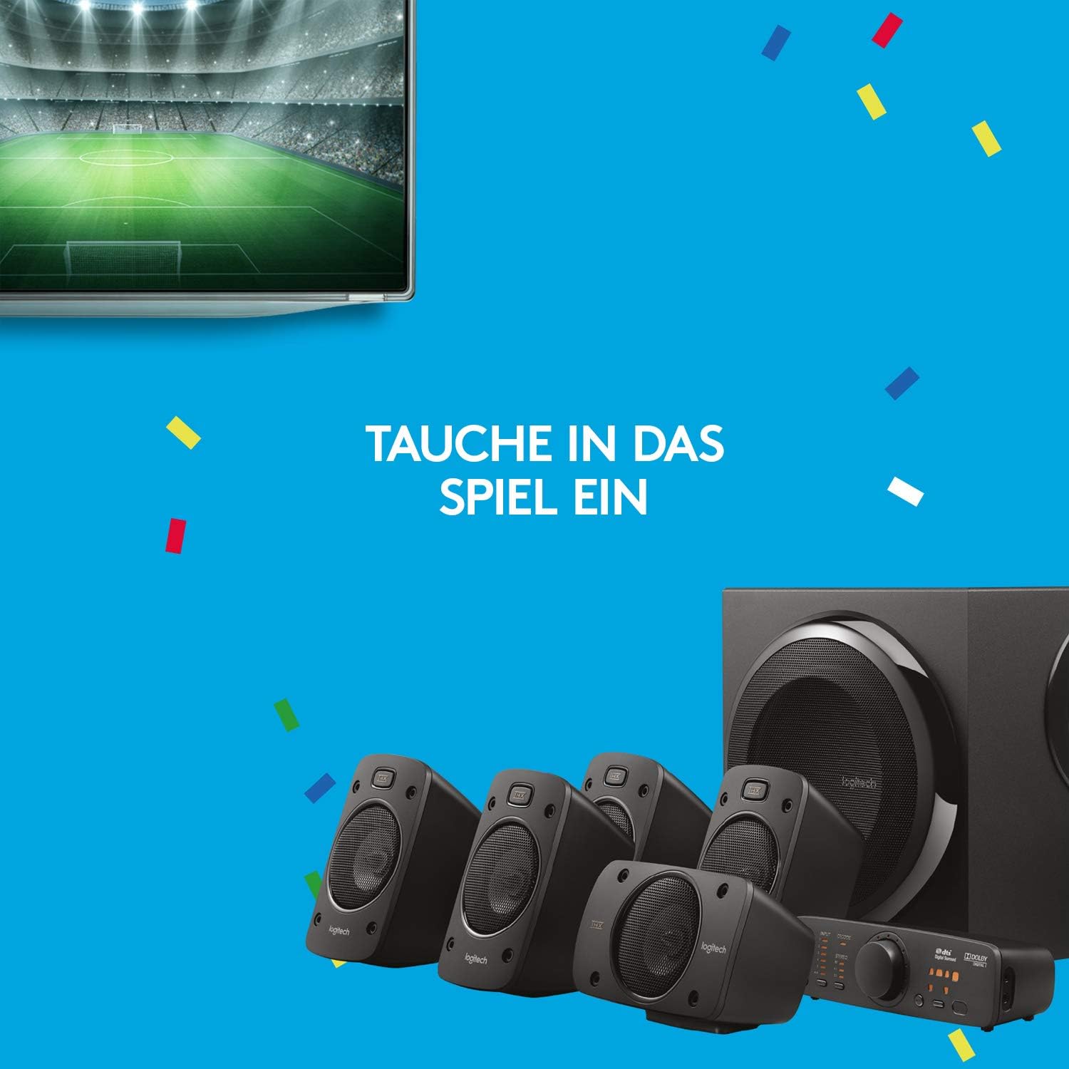 Logitech Z906 5.1 Sound System, Lautsprecher mit 1000 Watt Surround Sound, THX, Mehrere Audio-Eingänge, Fernbedienung, EU Stecker, PC/PS4/Xbox/Stereo-Anlage/TV/Smartphone/Tablet - Schwarz