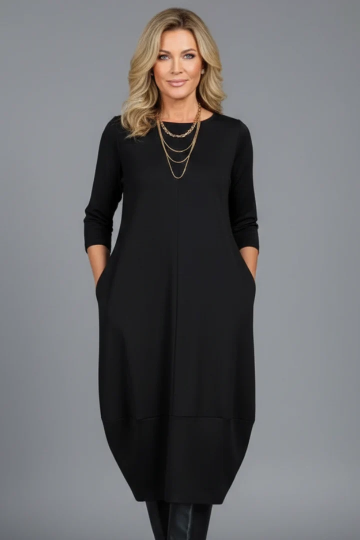 Midikleid Damen mit Taschen | A-Linie Kleid mit Rundhals und 3/4 Arm | Bequemes Freizeitkleid mit strukturierter Oberfl?che